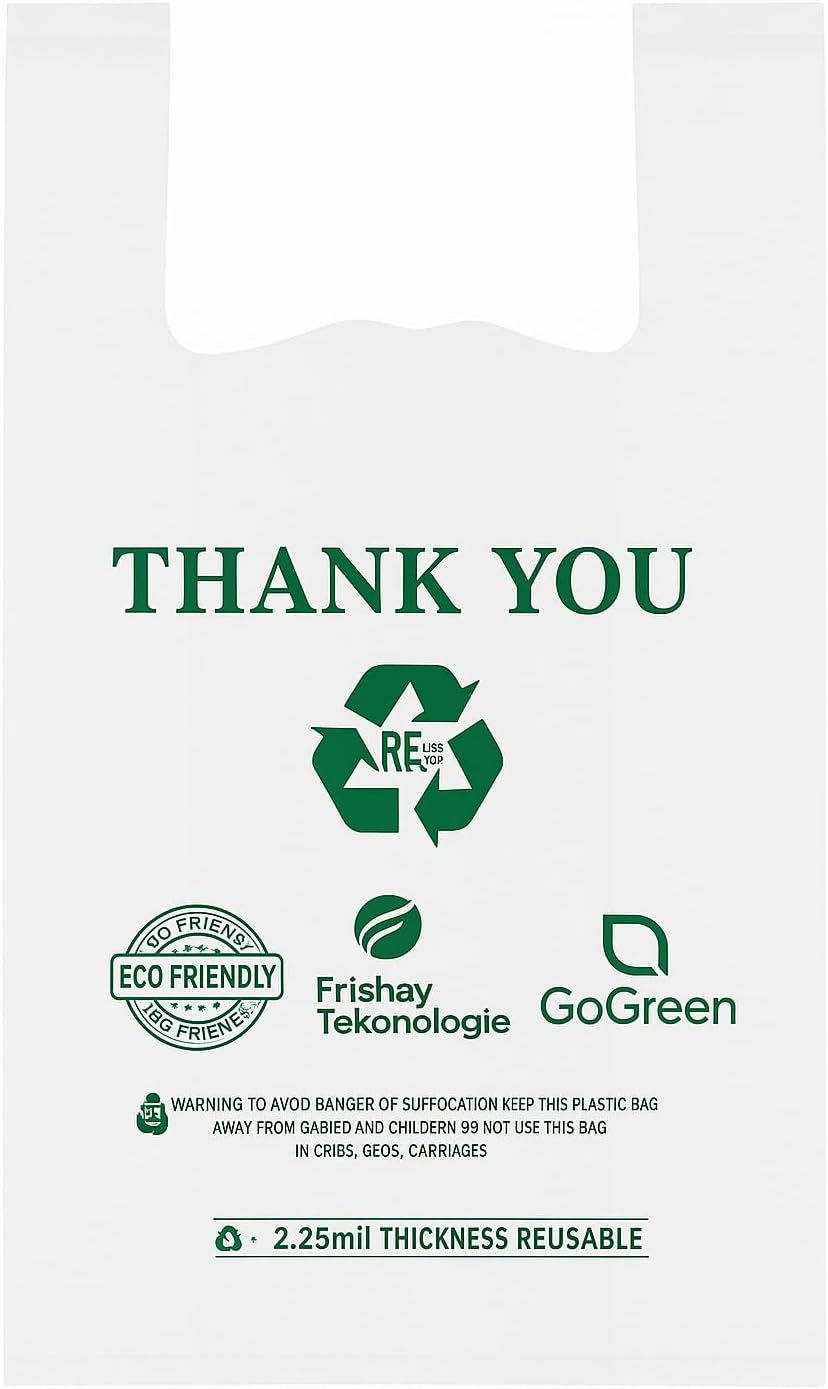 50 Count Biodegradable & Reusable T-Shirt Bags with Handles — Extra Heavy Duty 57 Micron (2.25 mil) White Shopping, Retail, Food Trucks & Restaurant Bags, 11.5″ x 6.5″ x 21″ Eco Friendly