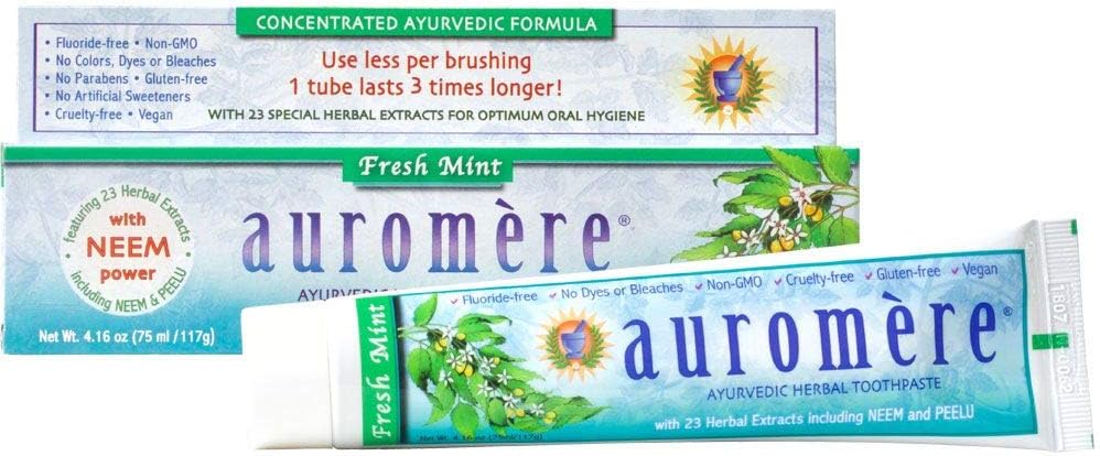 Auromere Ayurvedic Herbal Toothpaste, Fresh Mint – Vegan, Natural, Non GMO, Fluoride Free, Gluten Free, with Neem & Peelu (4.16 oz), 1 Pack