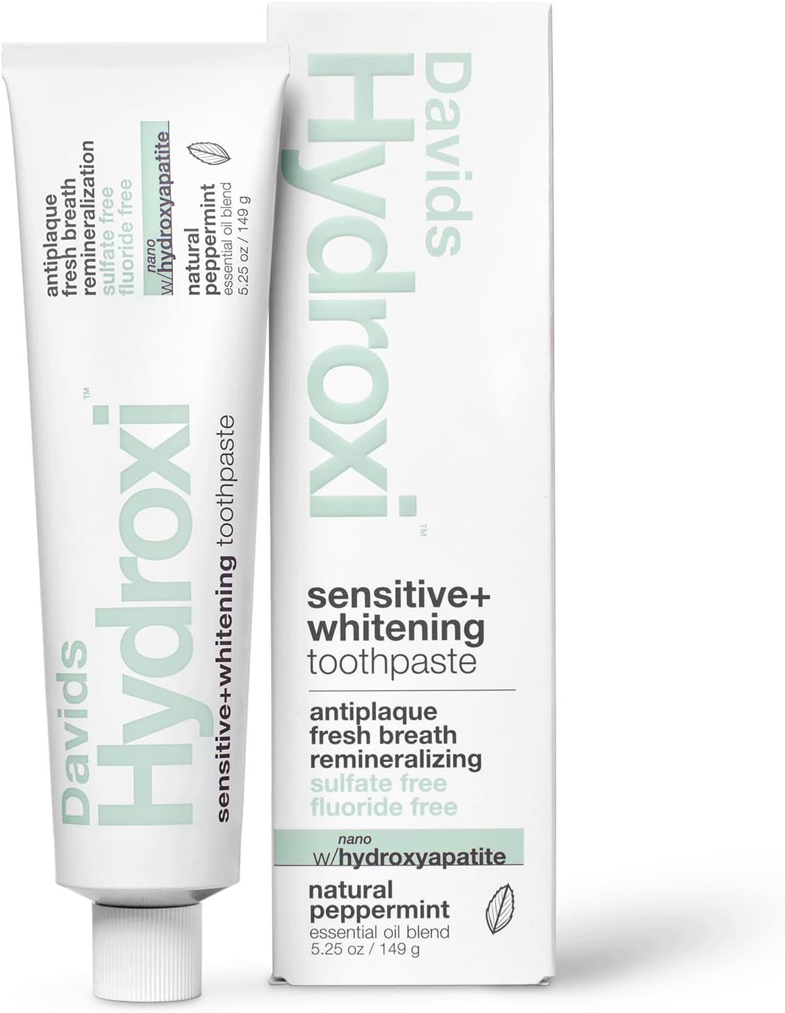 Davids Hydroxi Fluoride Free Nano Hydroxyapatite Toothpaste for Remineralizing, Sensitive Support, Whitening, Antiplaque, SLS Free, Natural Peppermint, 5.25oz, Made in USA