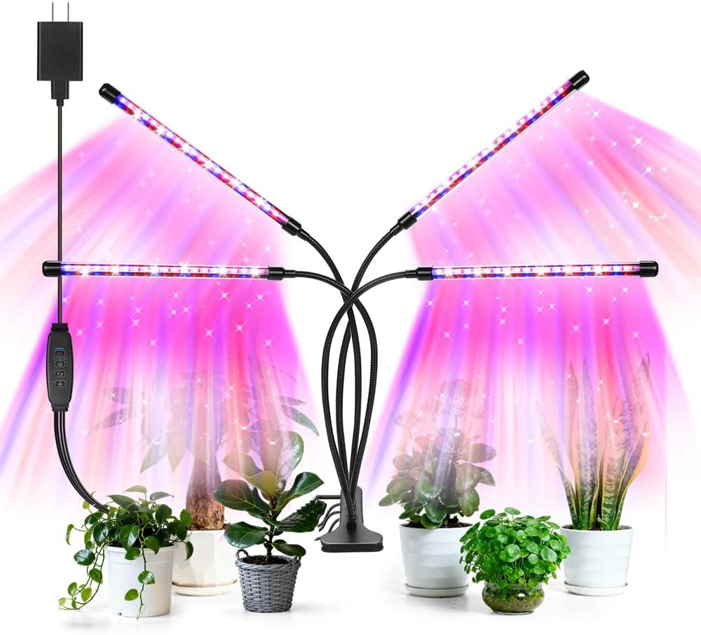 Led Grow Lights, 4 Heads Red Blue Plant Light with Clamp for Indoor Plants & Seed Starting, 10-Level Dimmable, Auto On Off, Timing 3 9 12Hrs