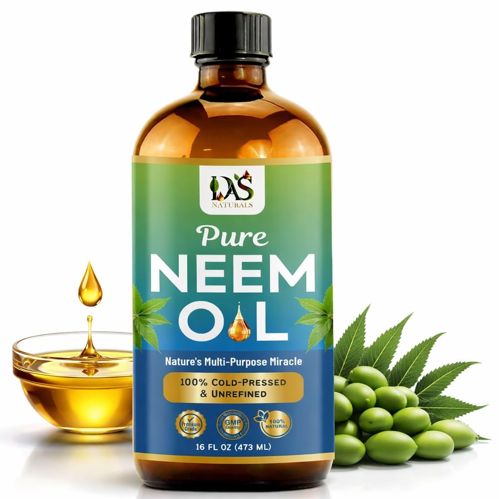 Pure Neem Oil for Plants, Hair Growth & Skin — 100% Cold-Pressed Unrefined Concentrate | Indoor, Outdoor Garden | Face, Scalp, Nails, Pets | 16 fl oz