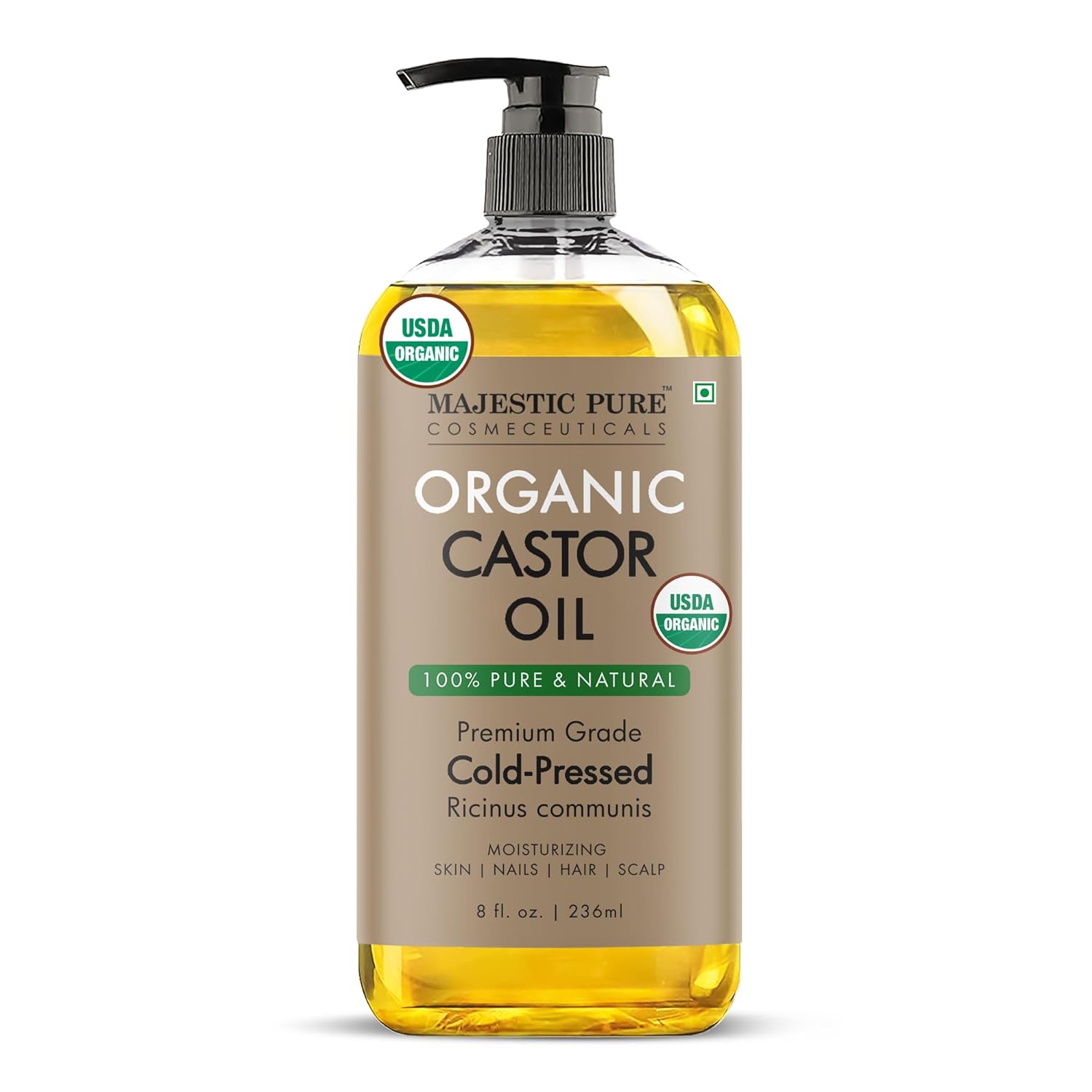 Majestic Pure Oil – 100% Pure and Natural- Cold Pressed & Hexane Free Natural Hair Growth Oil for Eyelashes, Eyebrows, Skin, Body, Face, Nails & Scalp – USDA Organic Castor Oil 8 Fl Oz