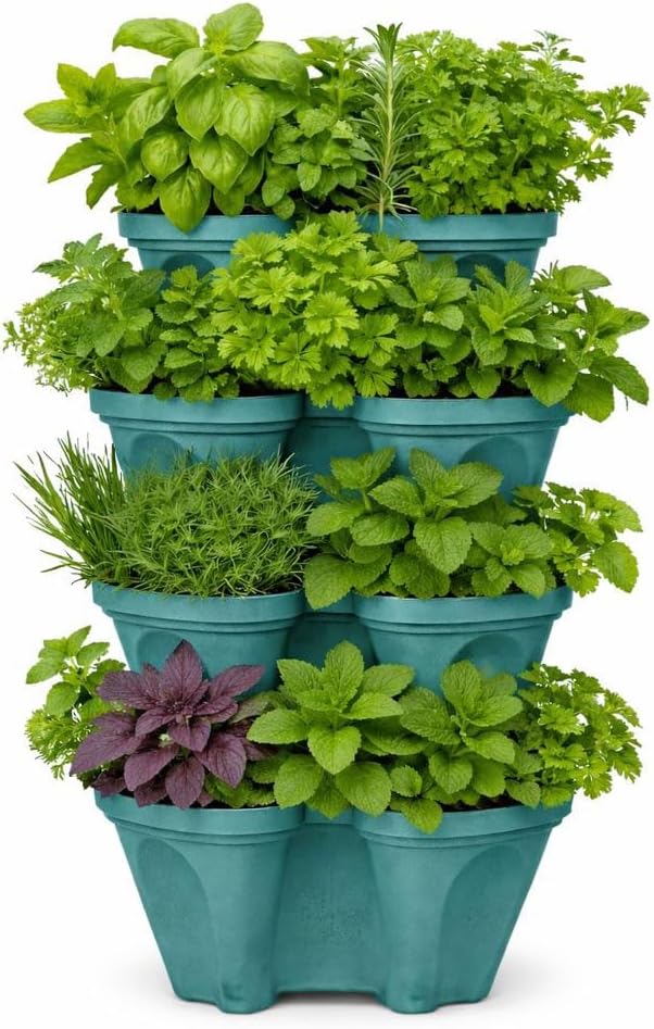 Large Vertical Planter Tower, 4 Tier Stackable Garden Planter, 28 Plant Sites, Heavy Duty Strawberry Planter, Vertical Growing System with Center Hole, Made in USA (Mineral Teal, Large)