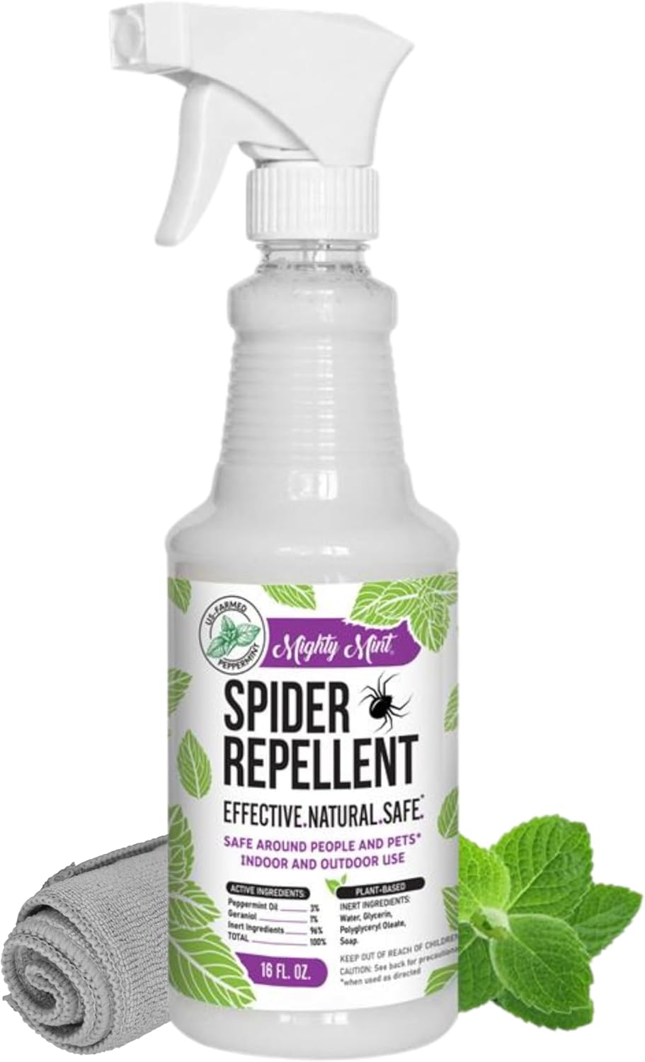 Mighty Mint Peppermint Oil Spider Repellent Spray with Microfiber Cloth – Indoor & Outdoor Bug Control for Spiders and Insects – Plant-Based, Extra-Strong Formula – 16 oz