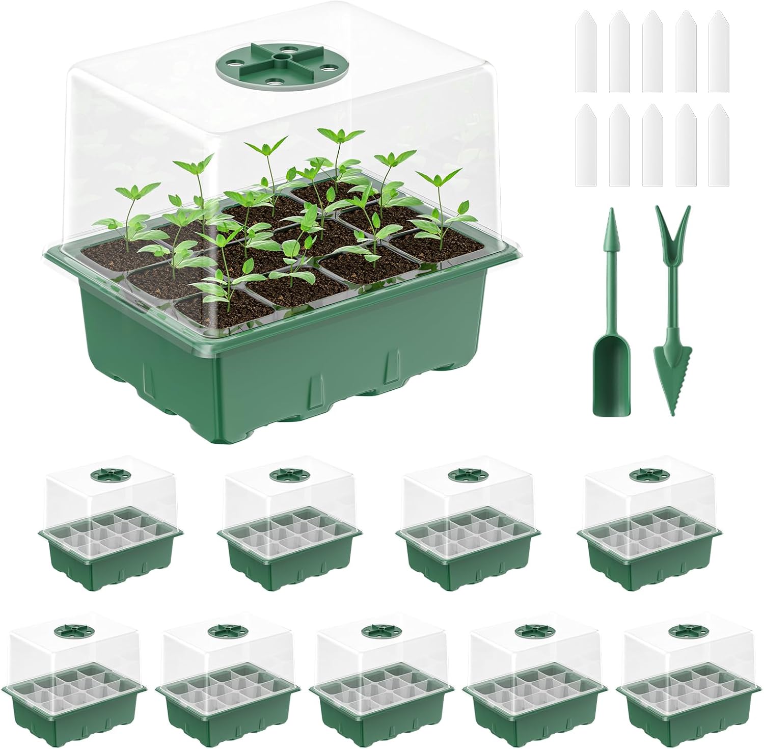 Pawfly 10 Pack Seed Starter Kit, 120 Cells, Seed Starter Trays with 4″ Humidity Domes, Planting Tools & Labels, Indoor Seedling Starter Trays, Reusable Plant Germination Trays, Seed Starting Trays