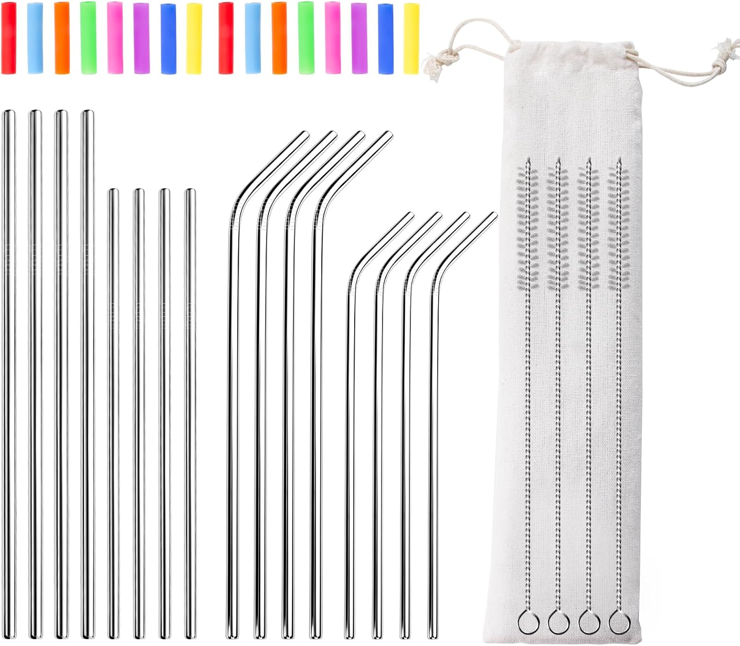 Lazycorner 16 Pcs Metal Straw Reusable 8.5″ 10.5″ 6mm Stainless Steel Straws for Tumblers 20oz-32oz, Silver Drinking Straws with Silicone Tips, 4 Straw Cleaner Brush, 1 Travel Case