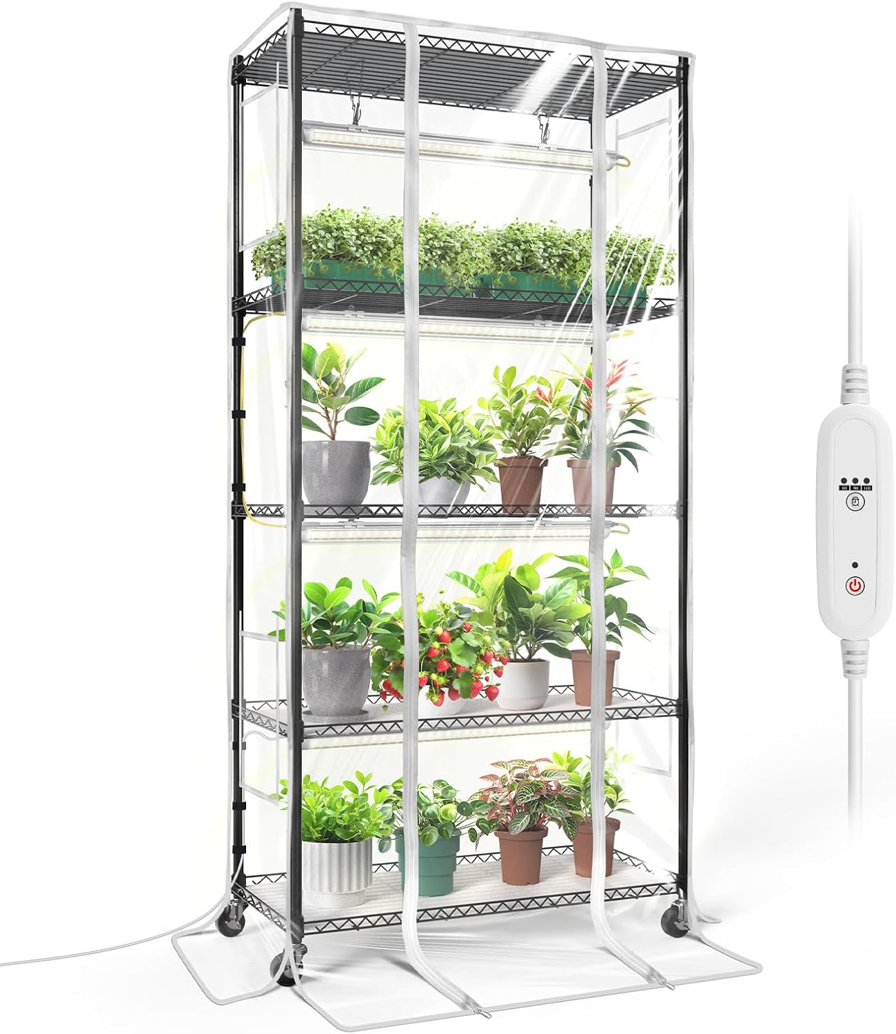 Bstrip Indoor Greenhouse with Grow Light, Mini Green House with 4 Pack T8 Full Spectrum Plant Lights with Timer, Indoor Greenhouse Cabinet for Indoor Plant, Seed Starting, Seed Tray, 29.5″x13.8″x59″