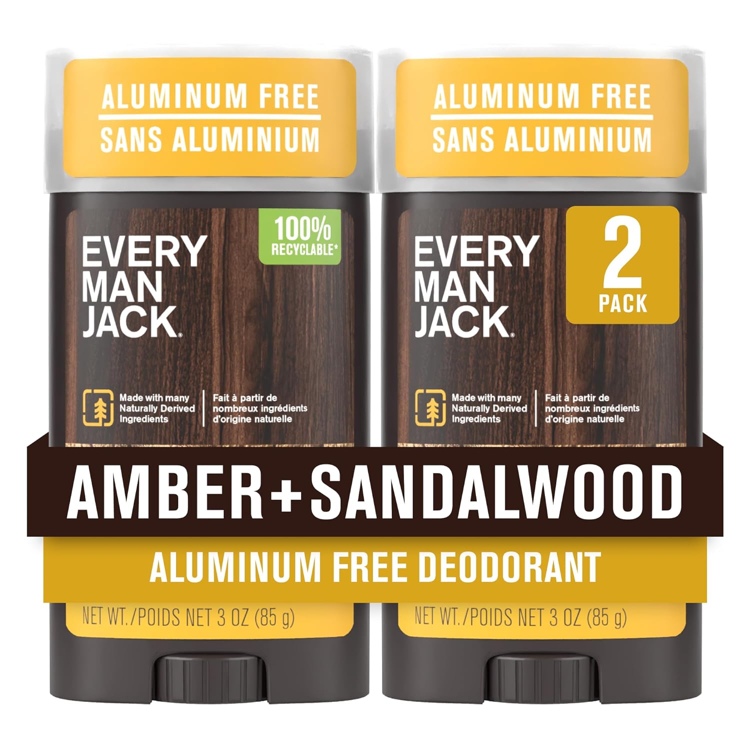 Every Man Jack Amber + Sandalwood Men’s Deodorant – Stay Fresh with Aluminum Free Deodorant For all Skin Types – Odor Crushing, Long Lasting, with Naturally Derived Ingredients – 3oz (2 Pack)