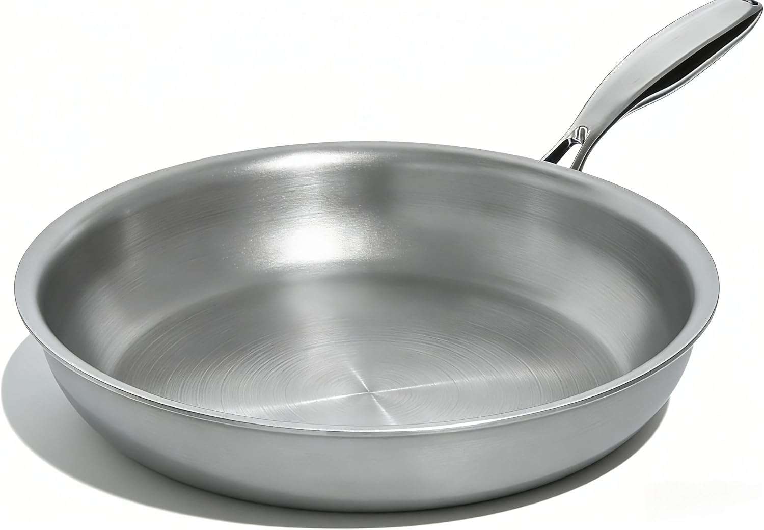 Umite Chef 12 inch 5 Ply Stainless Steel Frying Pan Non-Toxic PFOA&PTFE Free Skillets, Professional Cookware- Oven Safe & Induction Compatible, Fast & Even Heat, Heavy Duty, Cool Grip Handles