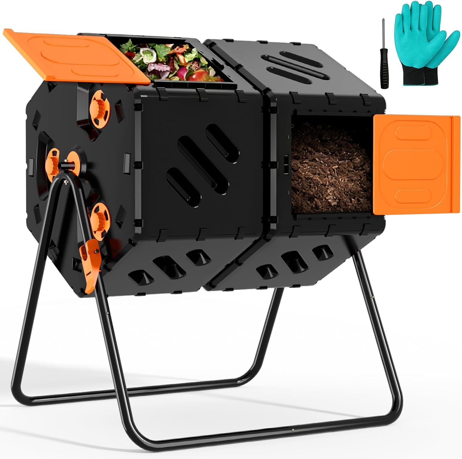 45 Gallon (170L) Compost Tumbler Outdoor, Dual Chamber Compost Bin with 360° Rotating Design, Adjustable Vents, Easy Assembly, Large Openings for Kitchen, Garden & Yard Waste