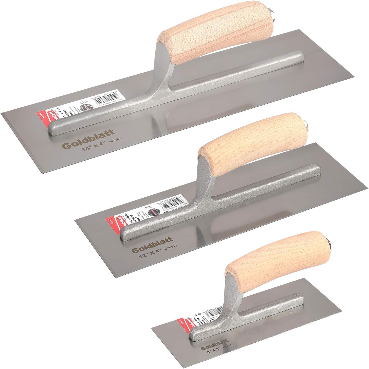 Goldblatt 3 Pieces Drywall Trowel, Carbon Steel Finishing Masonry Trowel Set Includes 14” x 4”, 12” x 4”, 8” x 3”, Lightweight Wood Handle, Plastering Trowel for Sheetrock Wallboard Plasterboard