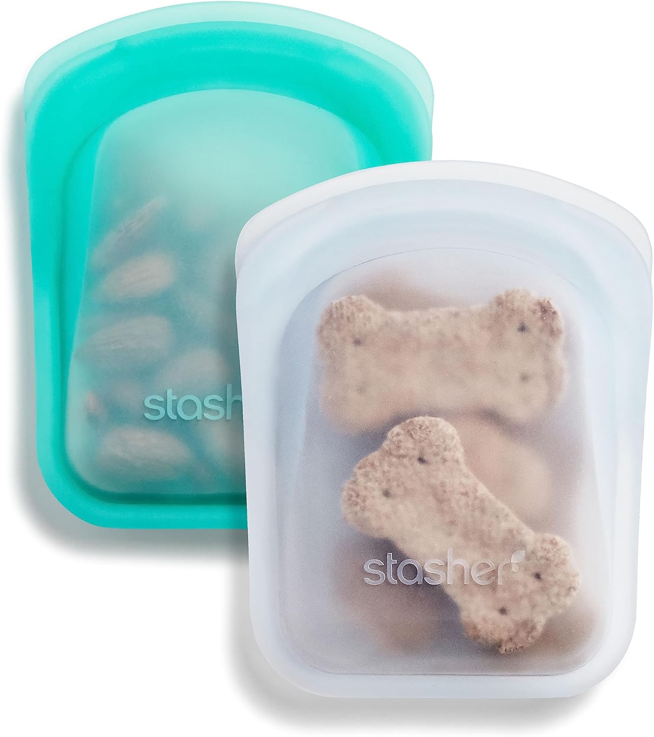Stasher Silicone Reusable Storage Bag, Pocket Bags 2-Pack, Microwave, Dishwasher, Oven Safe, Sous Vide, Eco Friendly, Leak-free, Food-safe Silicone Snack Bags for Travel, 4 oz, Clear & Aqua