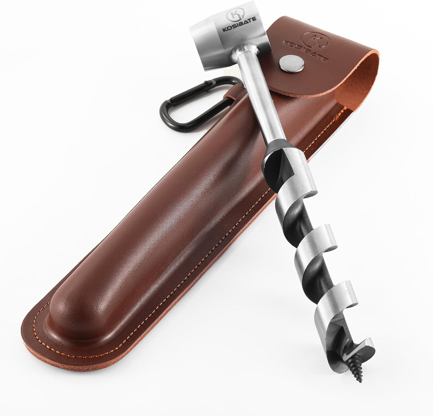 Kosibate Bushcraft Gear, Hand Auger Wrench for Easy Wood Drilling – Settlers Wrench and Bushcraft Tools Perfect for Camping and Woodworking Tasks-Scotch Eye Wood Drill with Leather Case Brown.