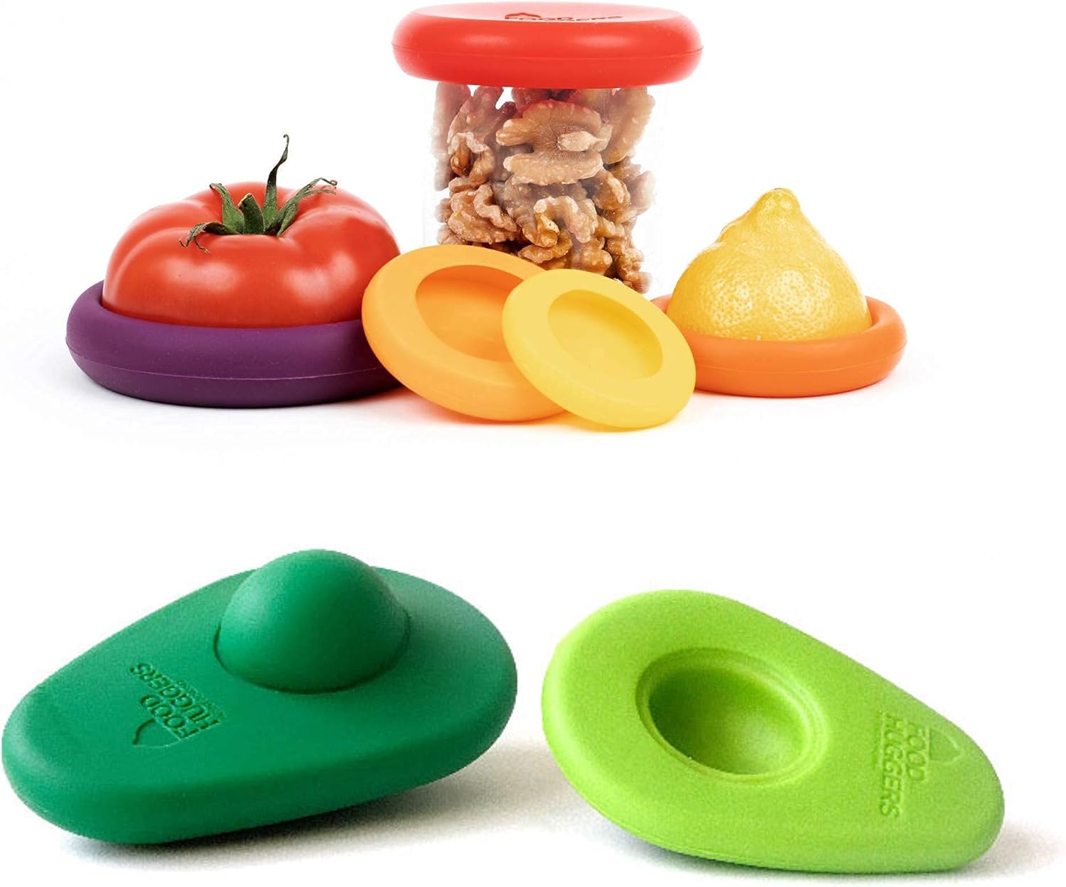 Food Huggers Zero Waste Starter Kit – (7 Pieces) -Avocado Hugger Saver Covers (Set of 2) + Reusable Silicone Food Savers Autumn Harvest (Set of 5), Dishwasher Safe, Keeps Food Fresh