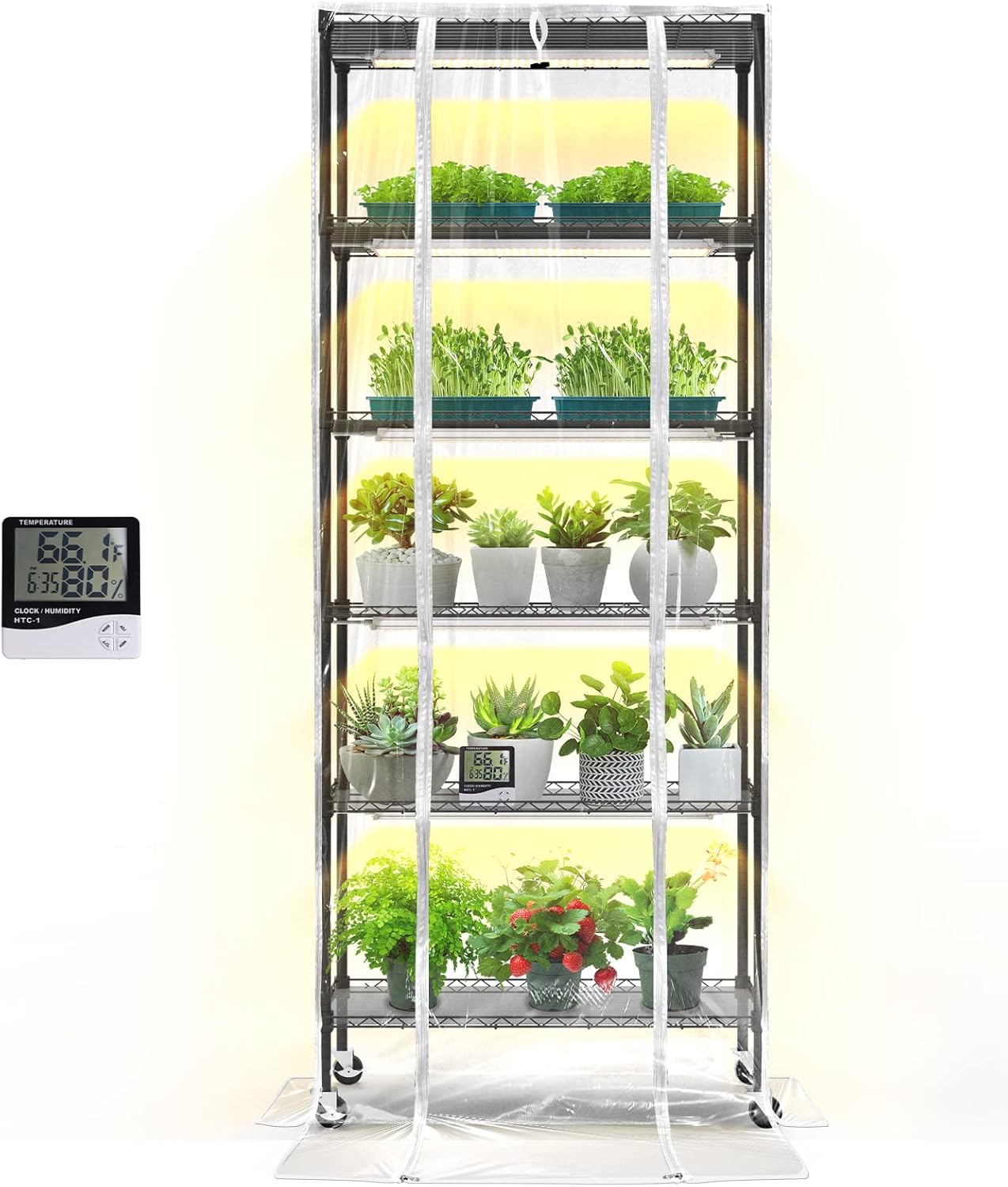 Bstrip Indoor Greenhouse with Grow Light, DIY Plant Shelf with Cover, 6 Tier Plant Stand, 5 Pack 150W Full Spectrum Grow Lights with 3 Color Mode For Indoor Plants, Seed Starting, 29.5″L×13.8″W×71″H