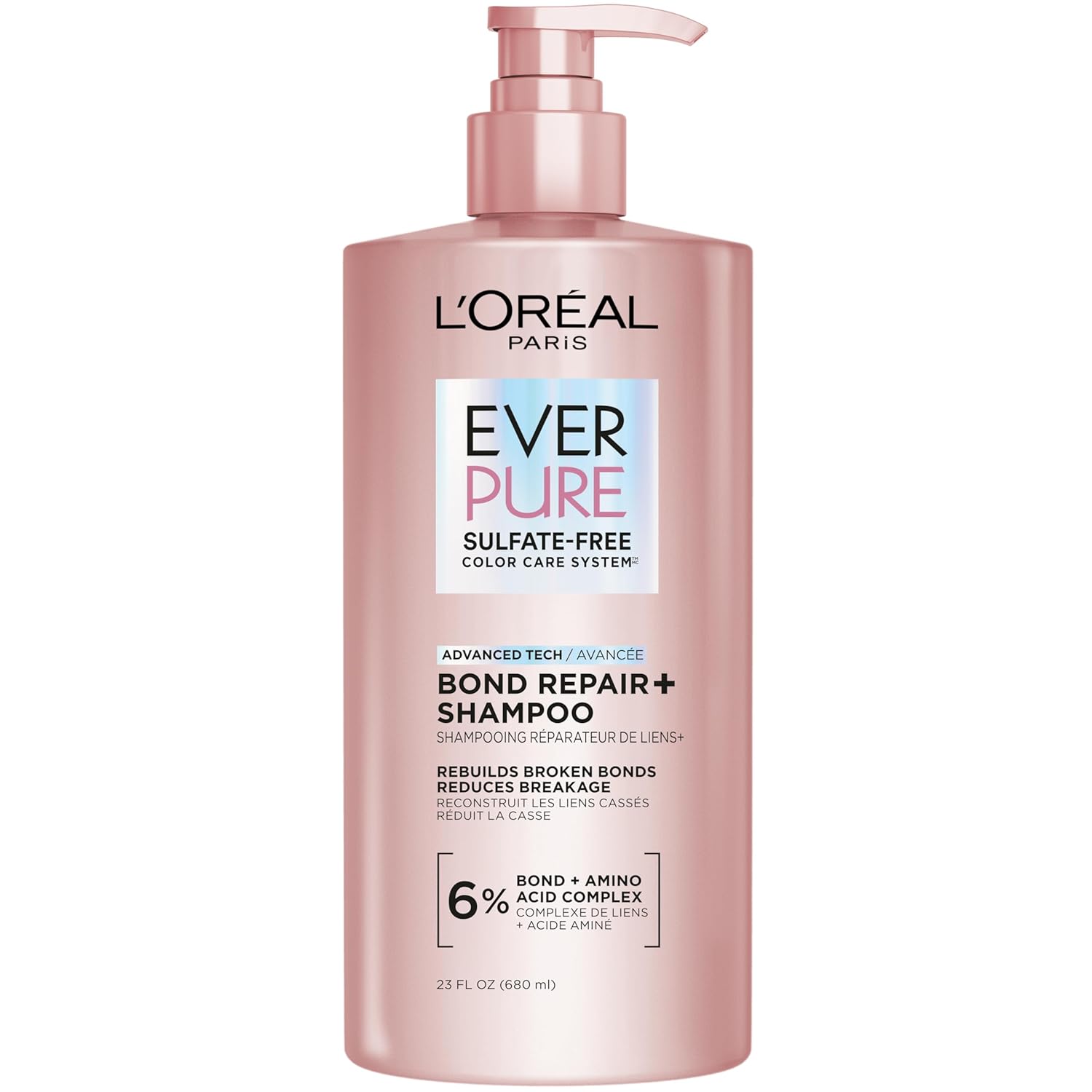 L’Oreal Paris Sulfate Free Bond Repair+ Shampoo, Hair Shampoo with Amino Acid Complex, Strengthens and Repairs Damaged or Color Treated Hair, EverPure, 23 Fl Oz (Packaging May Vary)