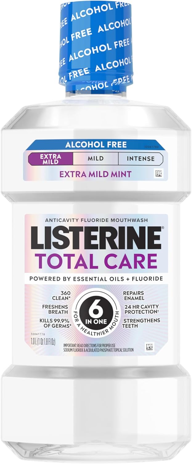 Listerine Total Care Alcohol-Free Anticavity Fluoride Mouthwash, 6 Benefit Oral Rinse to Help Kill 99.9% of Germs That Cause Bad Breath & Strengthen Enamel, Dye-Free, Extra Mild Mint Flavor, 1 L