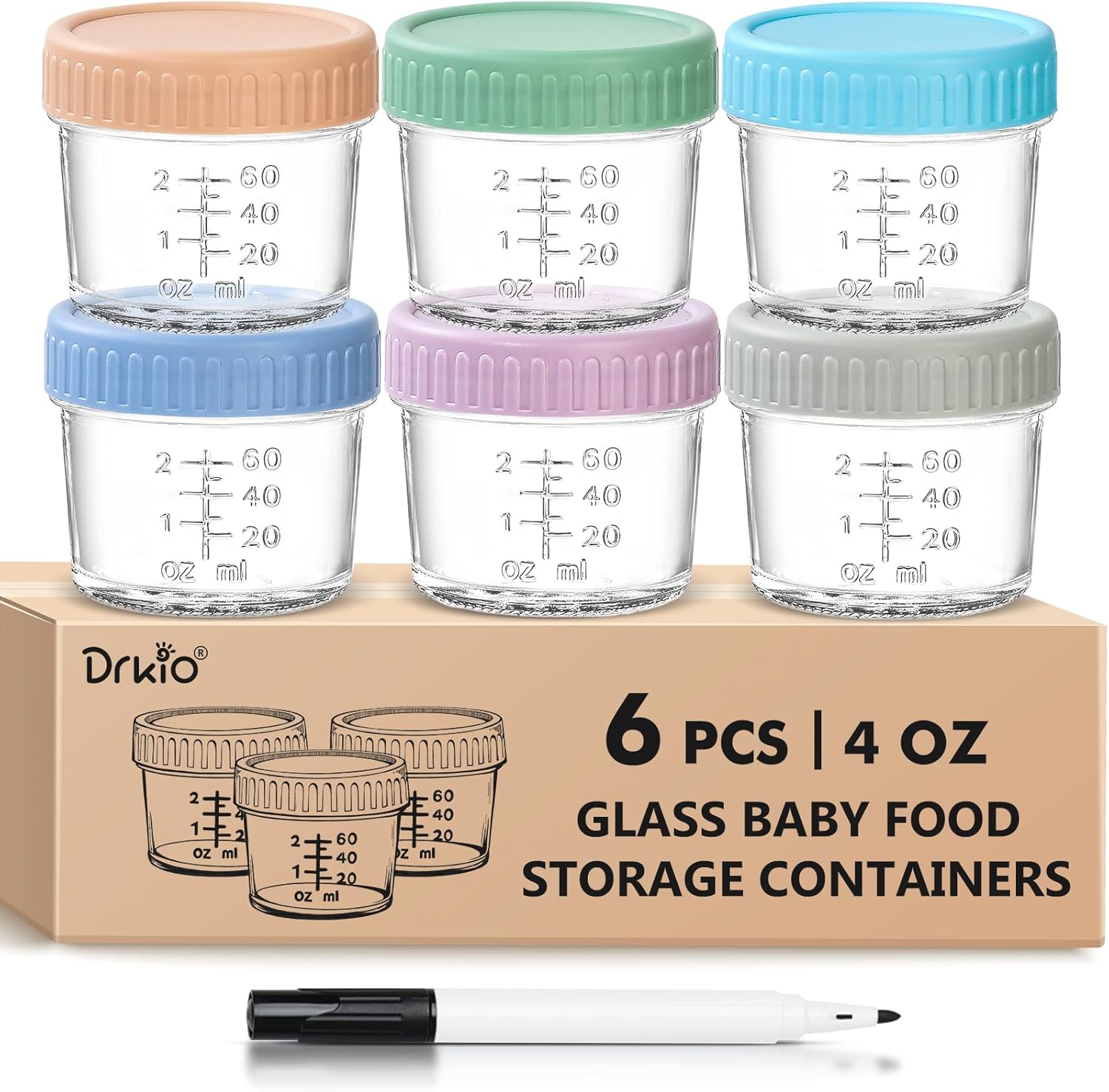 DRKIO 6 Pack Glass Baby Food Storage Containers – 4 Oz Baby Food Jars with Lids Baby Food Maker Microwave Dishwasher Freezer Safe 100% Leak Proof BPA Free Reusable