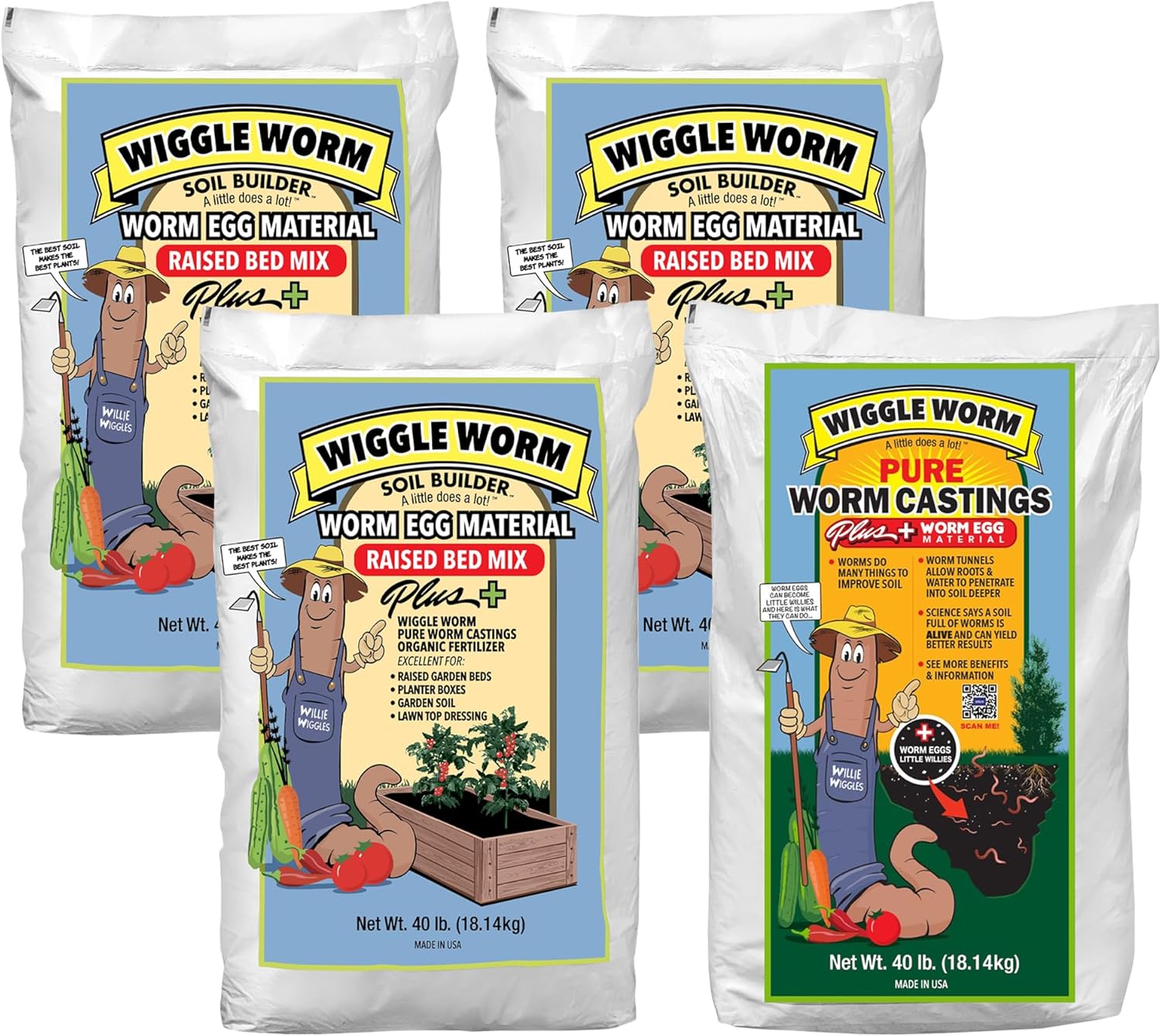 Wiggle Worm Combo Package – 4 Total 40-Pound Bags – Egg Material Raised Bed Soil Mix (3 Count) and Pure Worm Castings Plus Worm Egg Material Fertilizer and Amendment (1 Count)