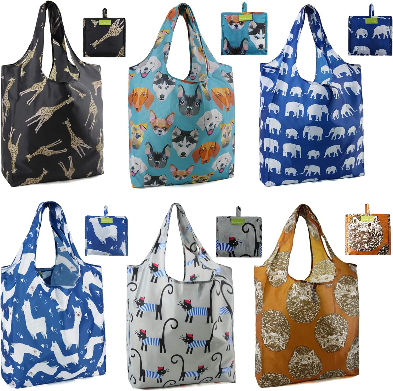 BeeGreen Shopping Bags Cloth Grocery Bags Foldable Travel Bag Tote Bags Bulk – Reusable Gift Bags with Handles (6 Pack) – Heavy Duty Large Washable Animal Holiday Design for Women Travel & Groceries​