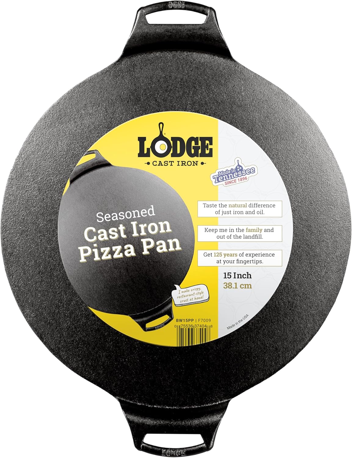 Lodge Seasoned Cast Iron Pizza Pan – Pre-Seasoned, Round Pizza Pan with Dual Assist Handles – Even Heat Distribution- PFAS-Free, Non-Toxic Cookware – Oven Safe – 15 Inch