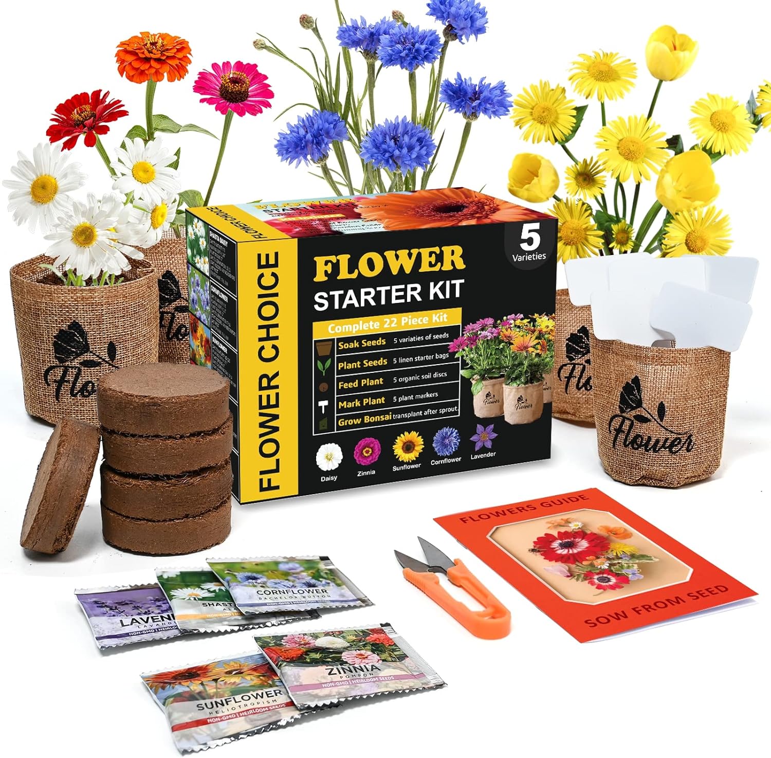 Indoor Daisy Garden Starter Kit with Gardening Tools – Planter Bags, Markers, Soil Disks and Shears, Home Gardening Gifts for Women Men Plant Lovers
