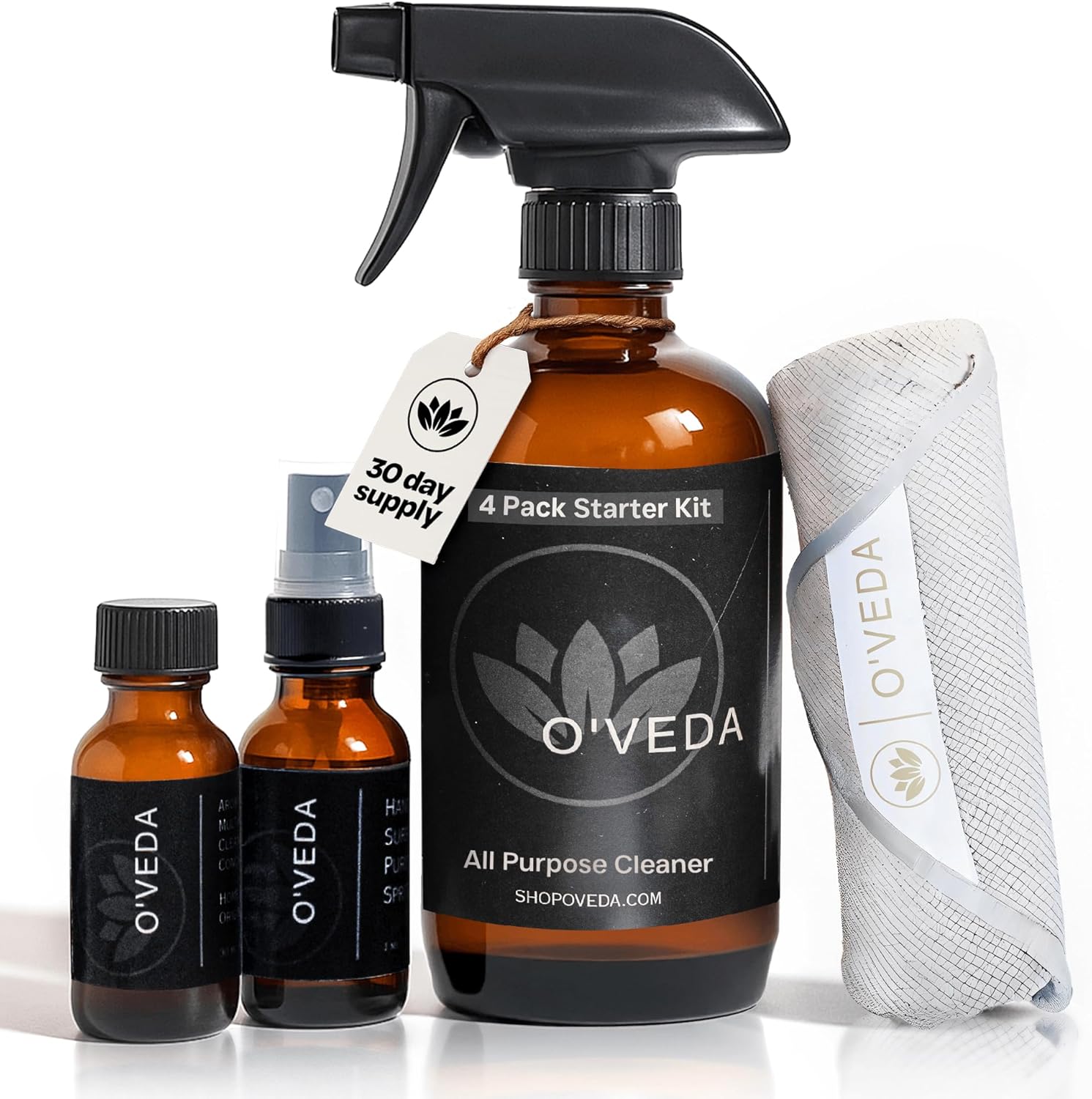 O’VEDA Starter Kit – Multi-Purpose Cleaning Bundle with 1 Concentrate & 1 Spritzer Refill Bottle (30ml each), 16oz Spray Bottle & Cleaning Cloth – All-Purpose Cleaner for Kitchen, Floors & More