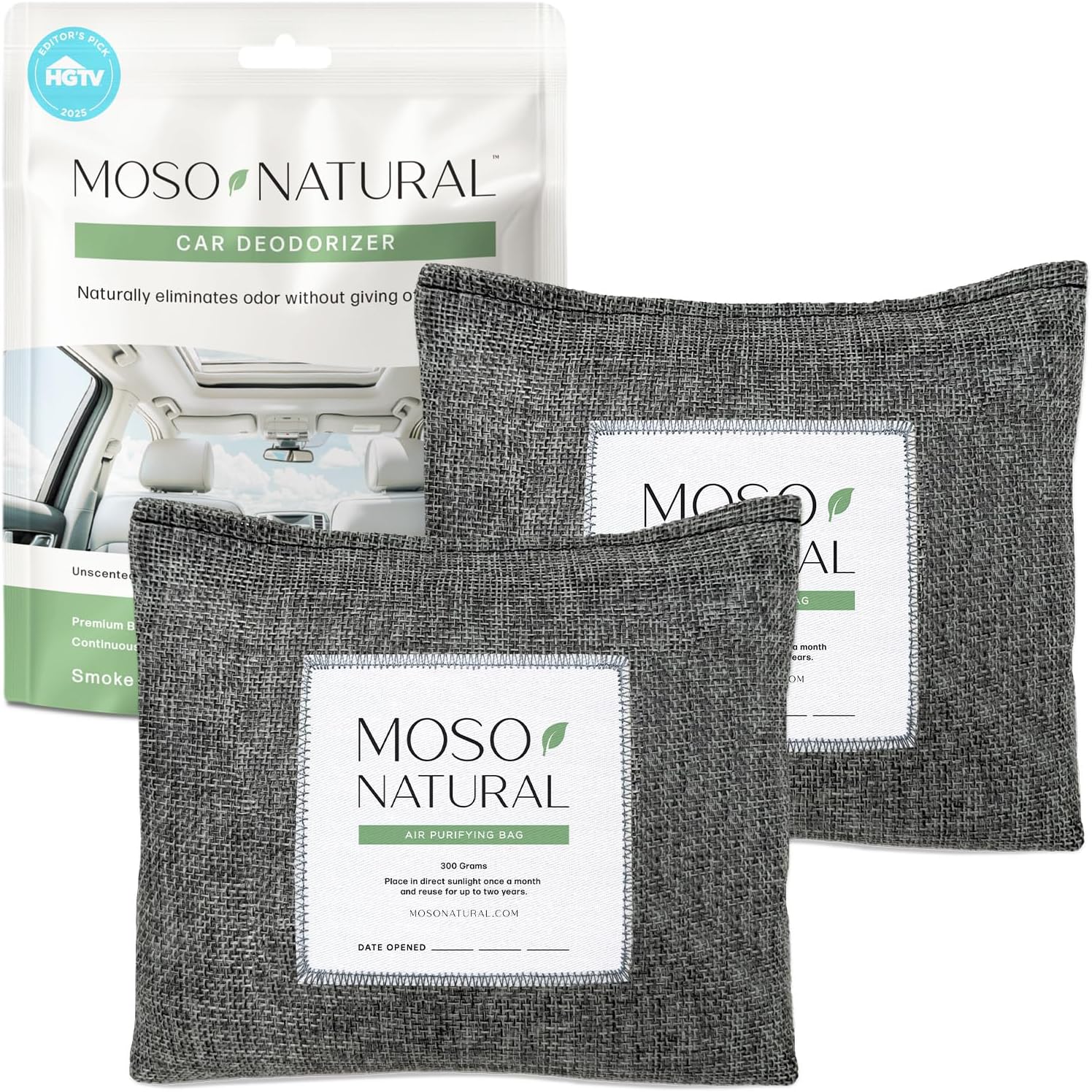 Moso Natural Charcoal Odor Absorber for Cars (2 Pack) 300g Bamboo Charcoal Air Purifying Bag, Unscented Odor Eliminator, Lasts Up to 2 Years, HGTV Editors’ Pick
