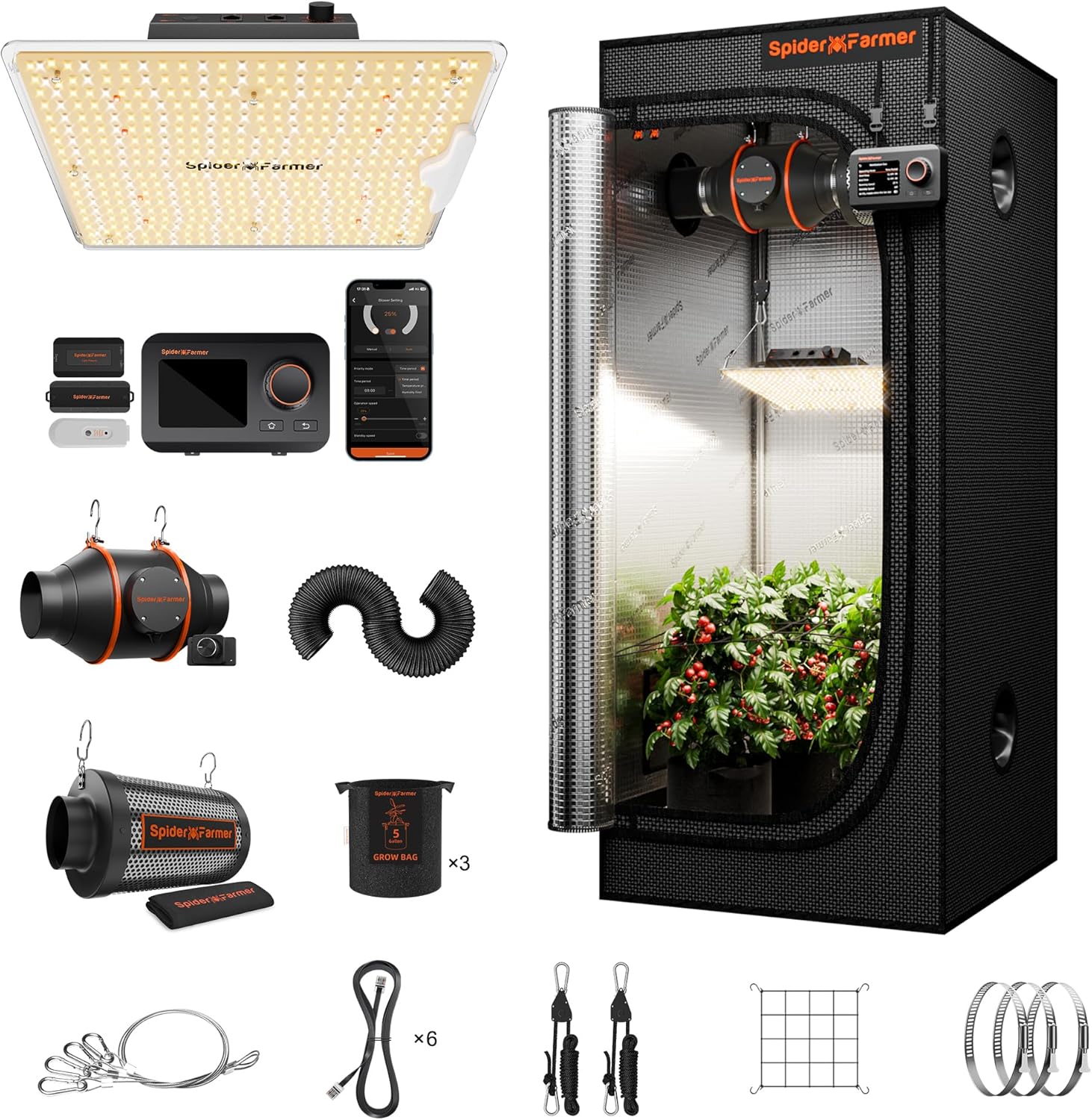 Spider Farmer Grow Tent Kit 2x2x5ft Complete System, SF1000D Bridgelux Diodes Full Spectrum LED Grow Light 24″X24″X55″ Indoor 1680D Tent with 4″ Ventilation System & GGS Controller