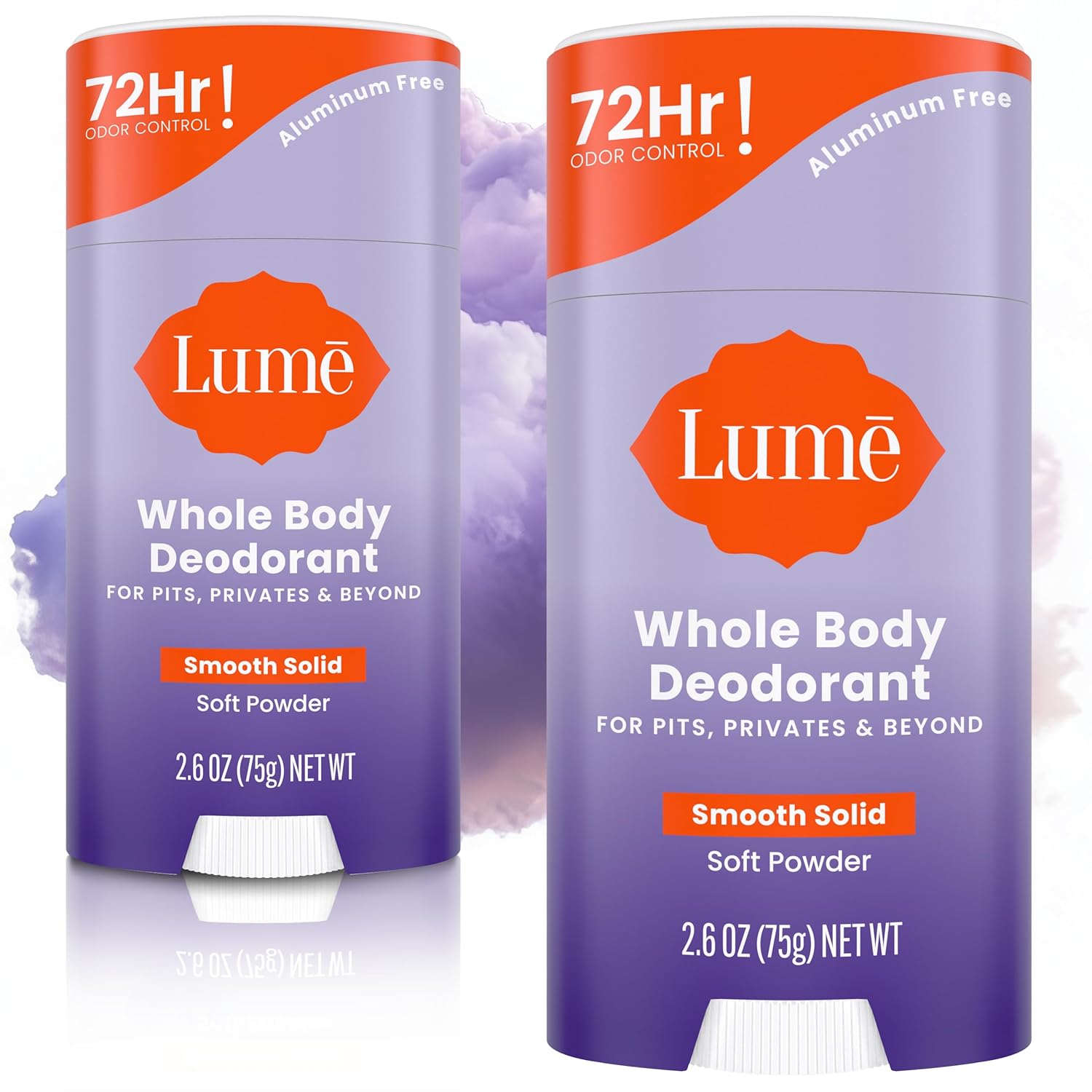 Lume Whole Body Deodorant – Smooth Solid Stick – 72 Hour Odor Control – Aluminum Free, Baking Soda Free and Skin Safe – 2.6 Ounce (Pack of 2) (Soft Powder)