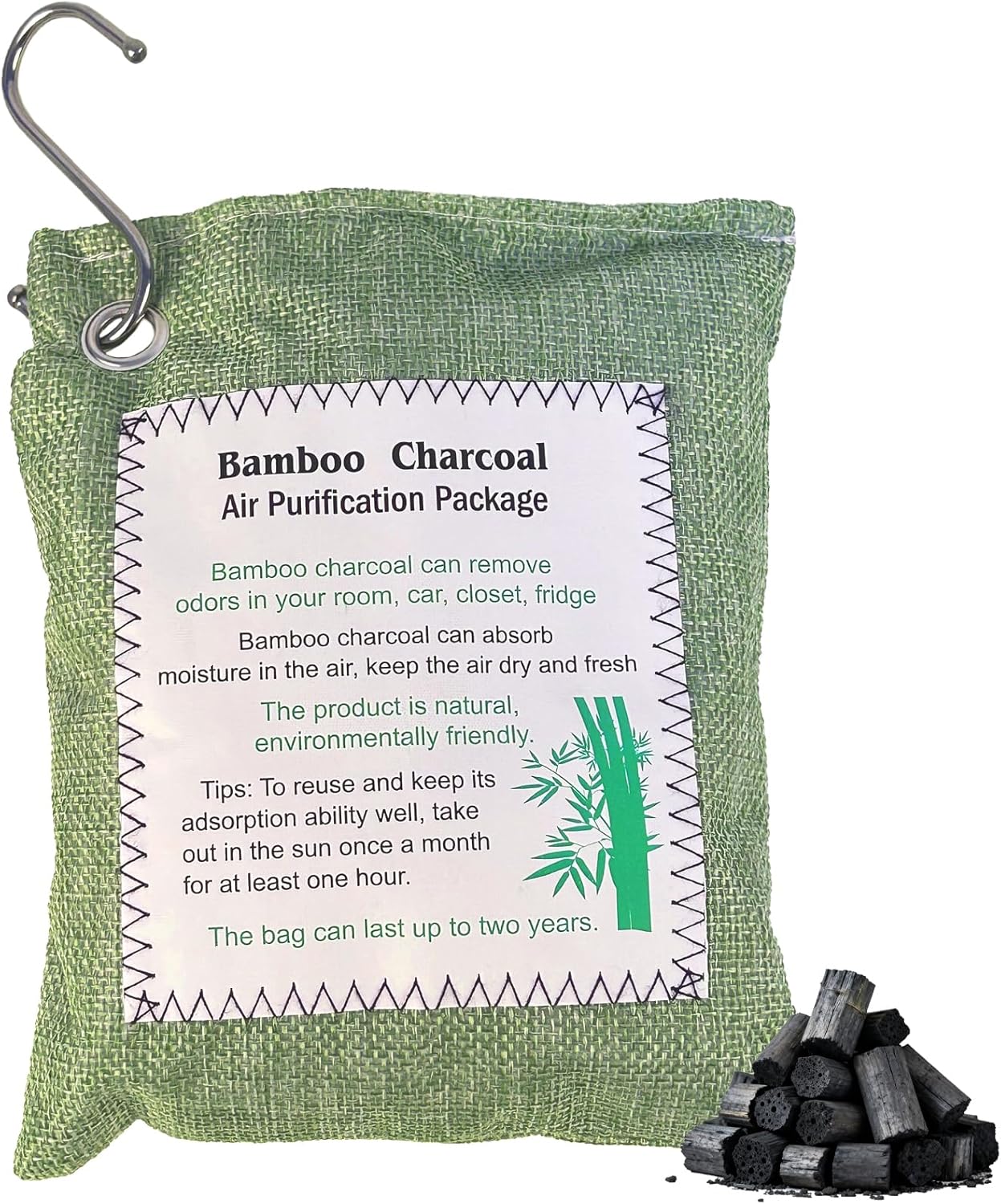 Bamboo Charcoal Air Purifying Bag, Activated Charcoal Odor Absorber Moisture Absorber Car Fresheners Odor Eliminator for Home Car Closet Refrigerator Shoe Smell Remover Gym Bag Deodorizer, Green