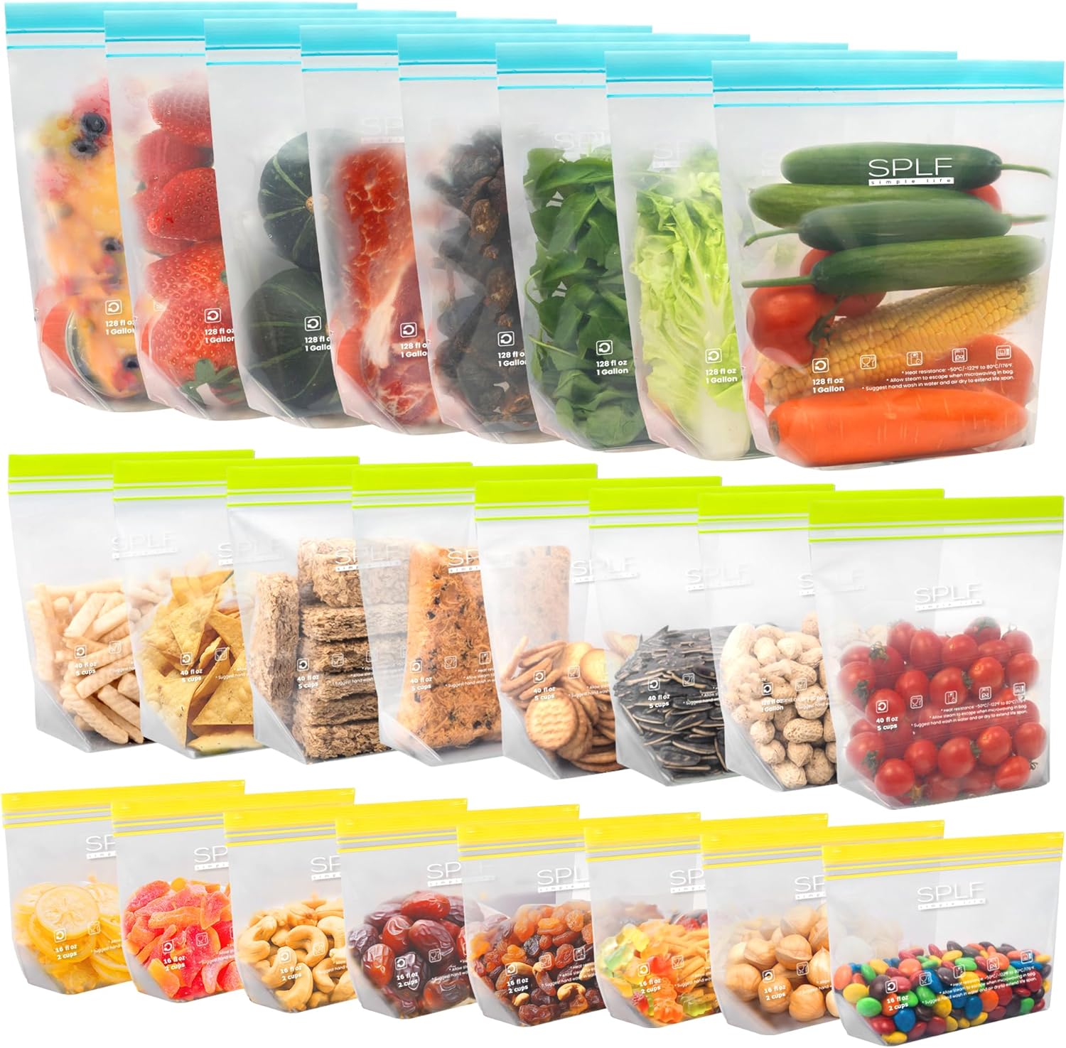 SPLF 24 Pack Reusable Food Storage Bags Dishwasher Microwave Safe, BPA Free Reusable Freezer Bags, Silicone Free Containers for Meal Prep, Fridge Kitchen Organization – 8 Gallon 8 Sandwich 8 Snack