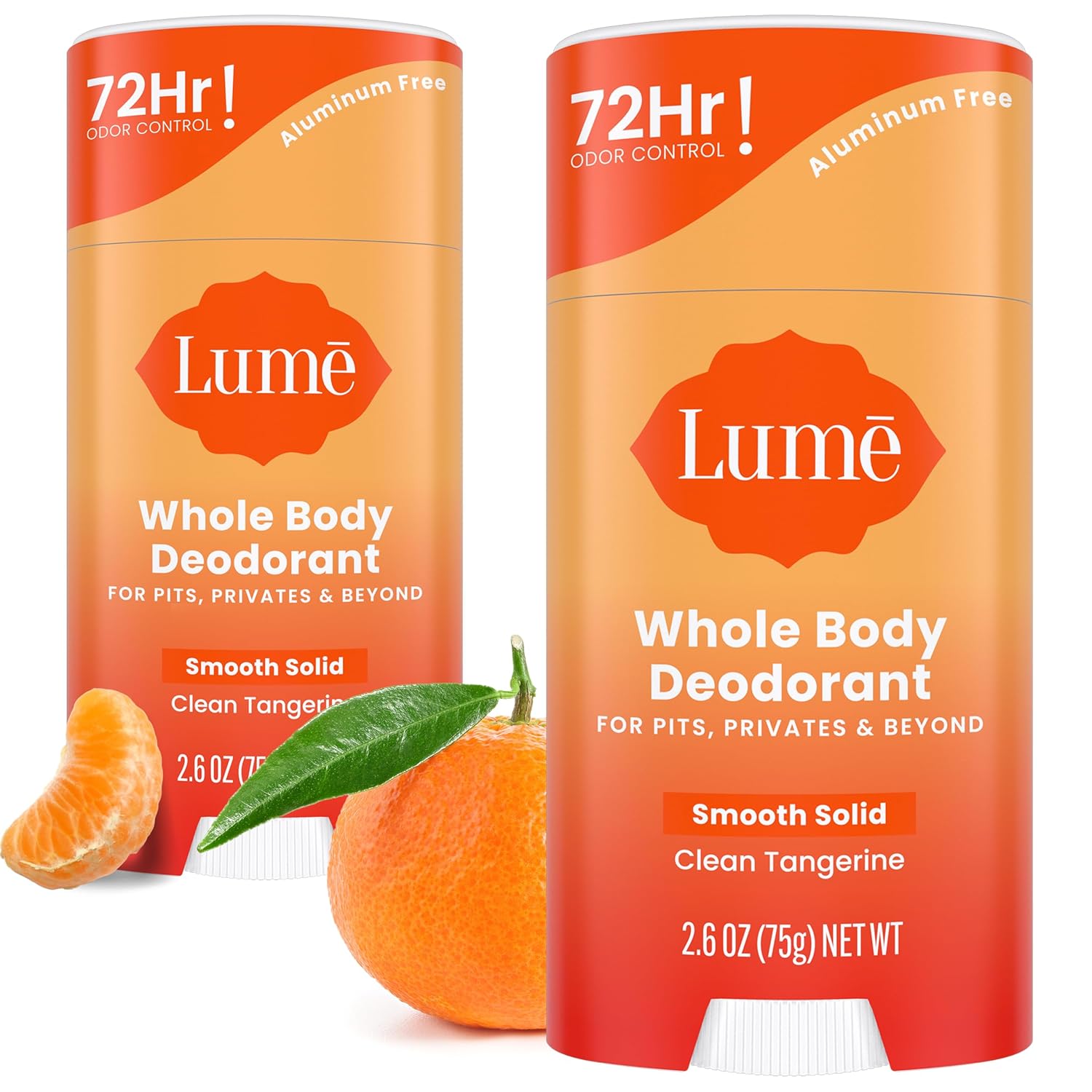 Lume Whole Body Deodorant – Smooth Solid Stick – 72 Hour Odor Control – Aluminum Free, Baking Soda Free and Skin Safe – 2.6 Ounce (Pack of 2) (Clean Tangerine)