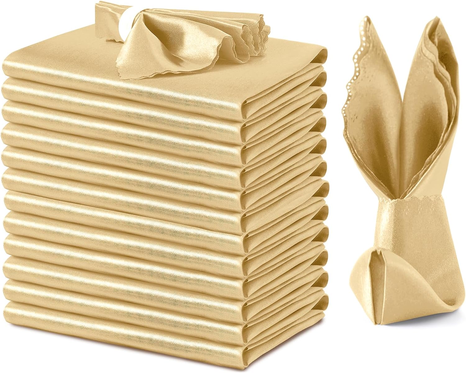 VACVELT 12 Pack Gold Satin Napkins 12×12 Inch Wedding Napkins, Scalloped Elegant Dinner Napkins Square Table Napkins Decor, Silky Satin Cloth Napkins for Restaurant Banquet Graduation Party