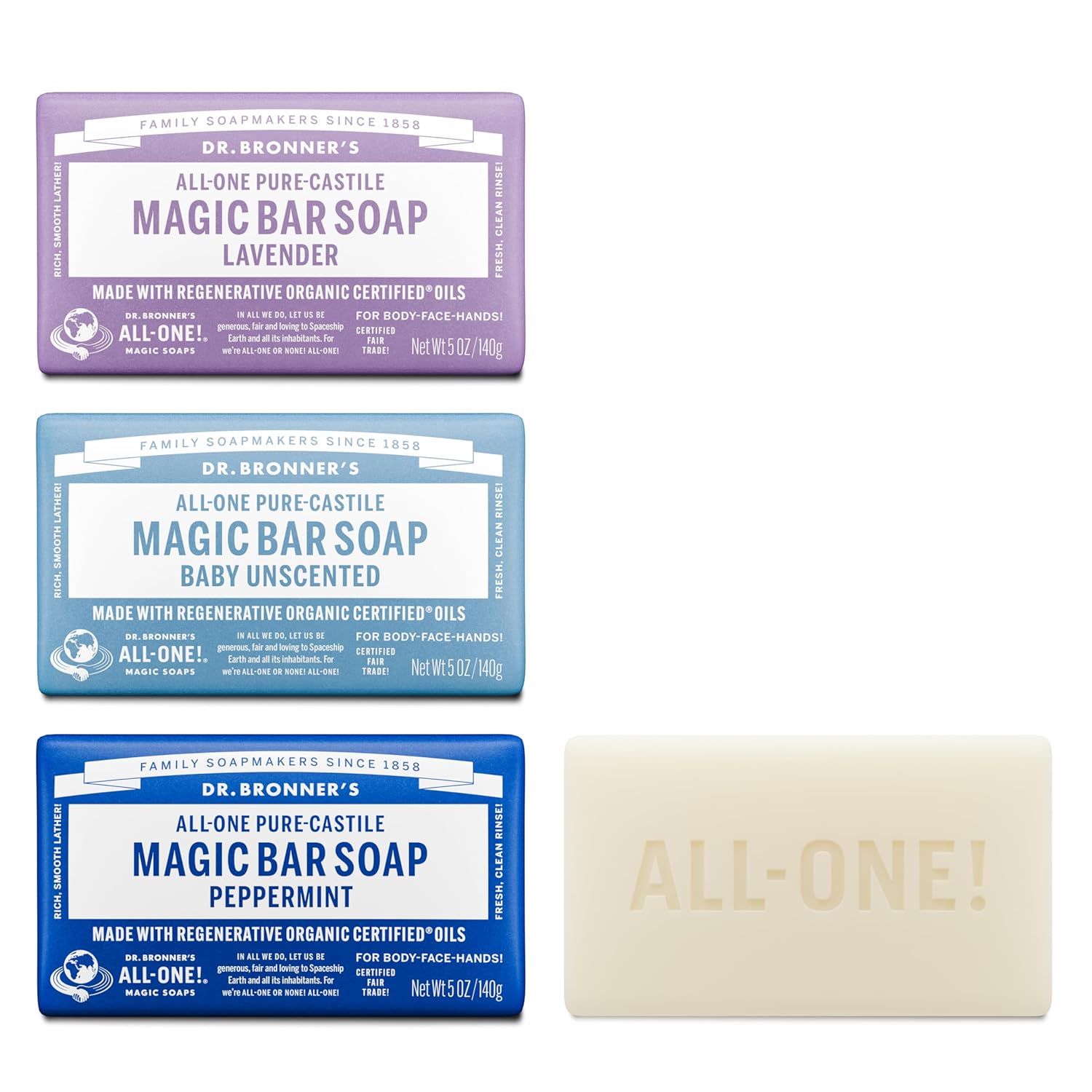 Dr. Bronner’s Pure-Castile Magic Bar Soap- Made with Regenerative Organic Certified Oils- For Face, Body, Hair, Vegan Soap Bars for Men & Women- Variety 3-Pack, Peppermint Lavender, Unscented