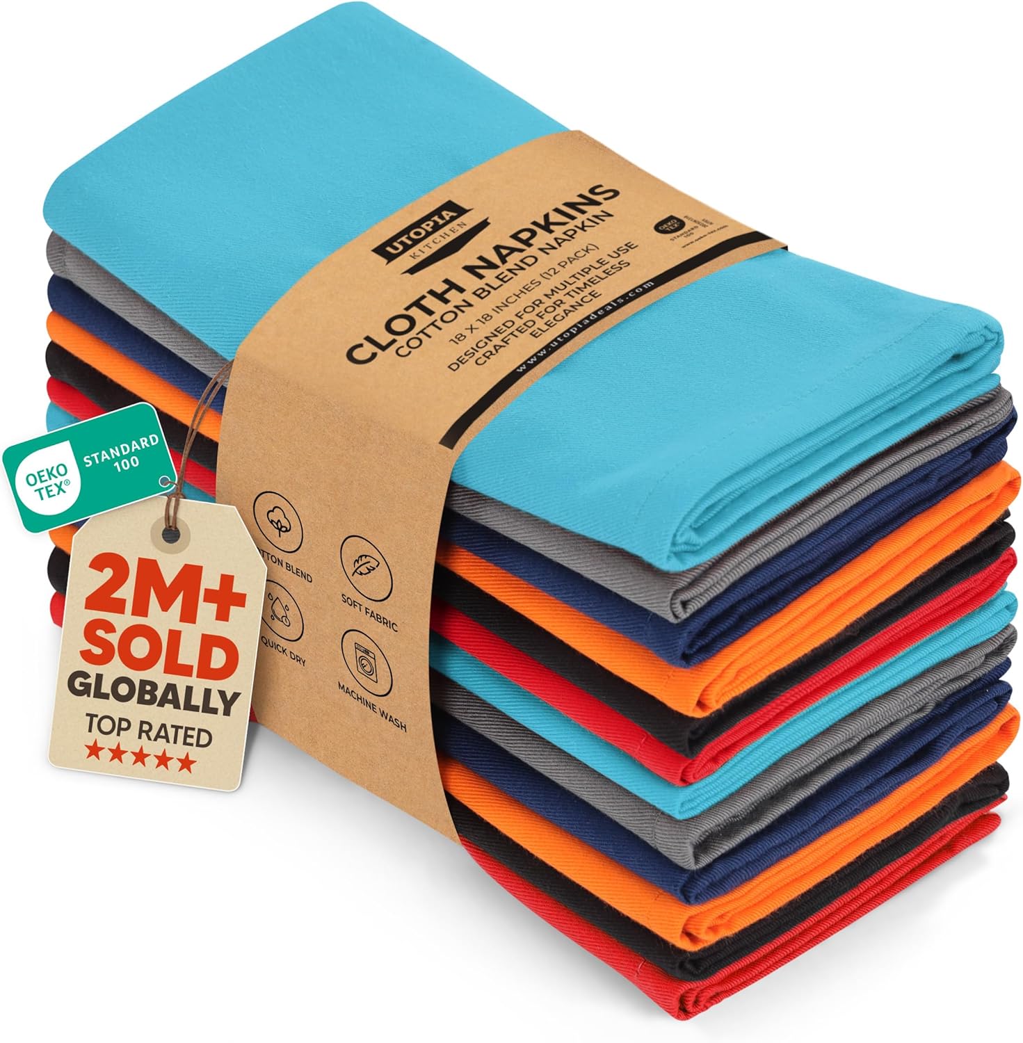 Utopia Kitchen Multi Color Cloth Napkins [12 Pack, 18×18 Inch] Absorbent Cotton Blend Washable and Reusable for Dinner, Restaurant, Lunch, Wedding and Hotel