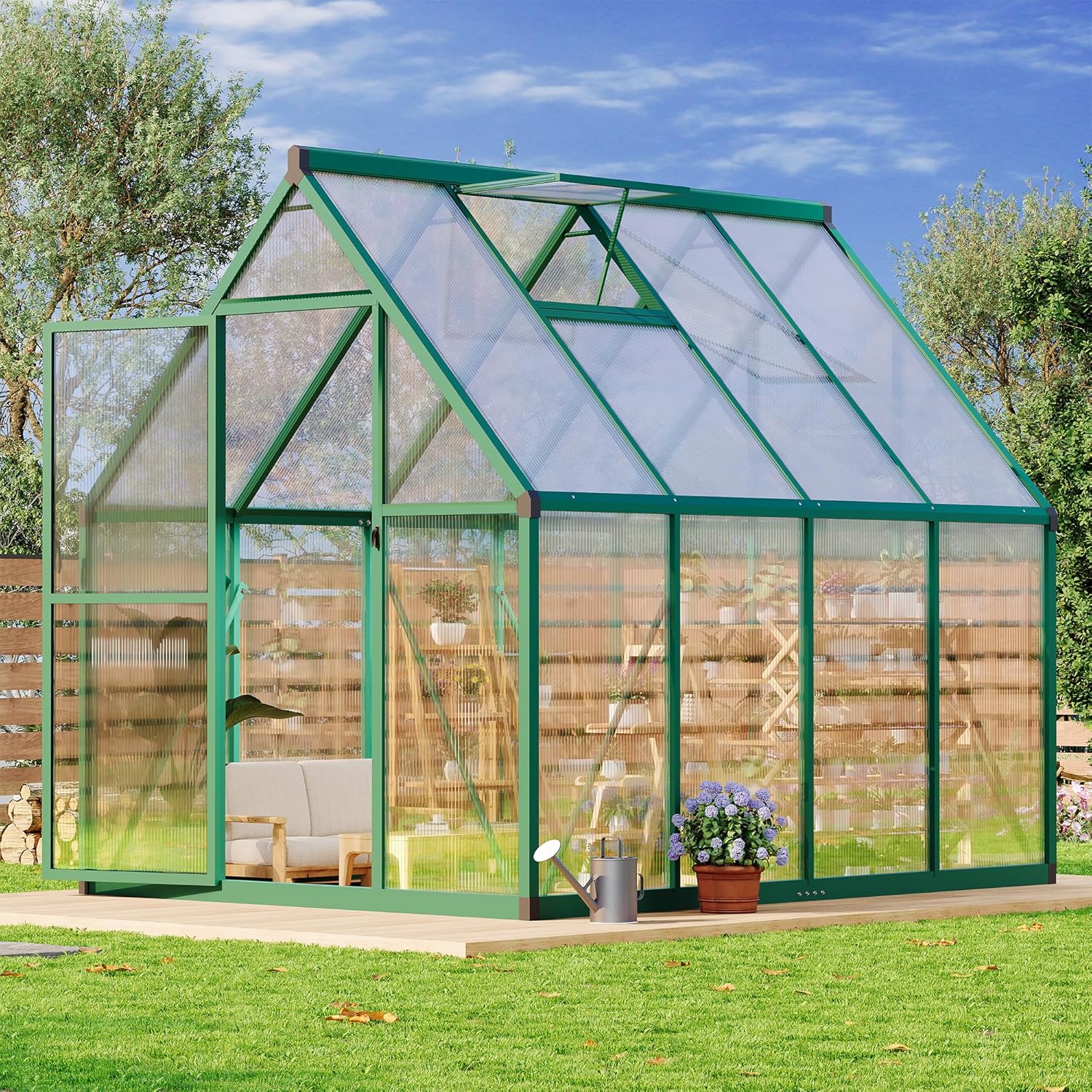 6X7 FT Greenhouse for Outdoors, Lockable Door and Ajustable Roof Vent, Polycarbonate Greenhouse with Water Gutter System, Aluminum Walk-in Greenhouses, for Backyard, Lawn (Green, 6×7 FT)