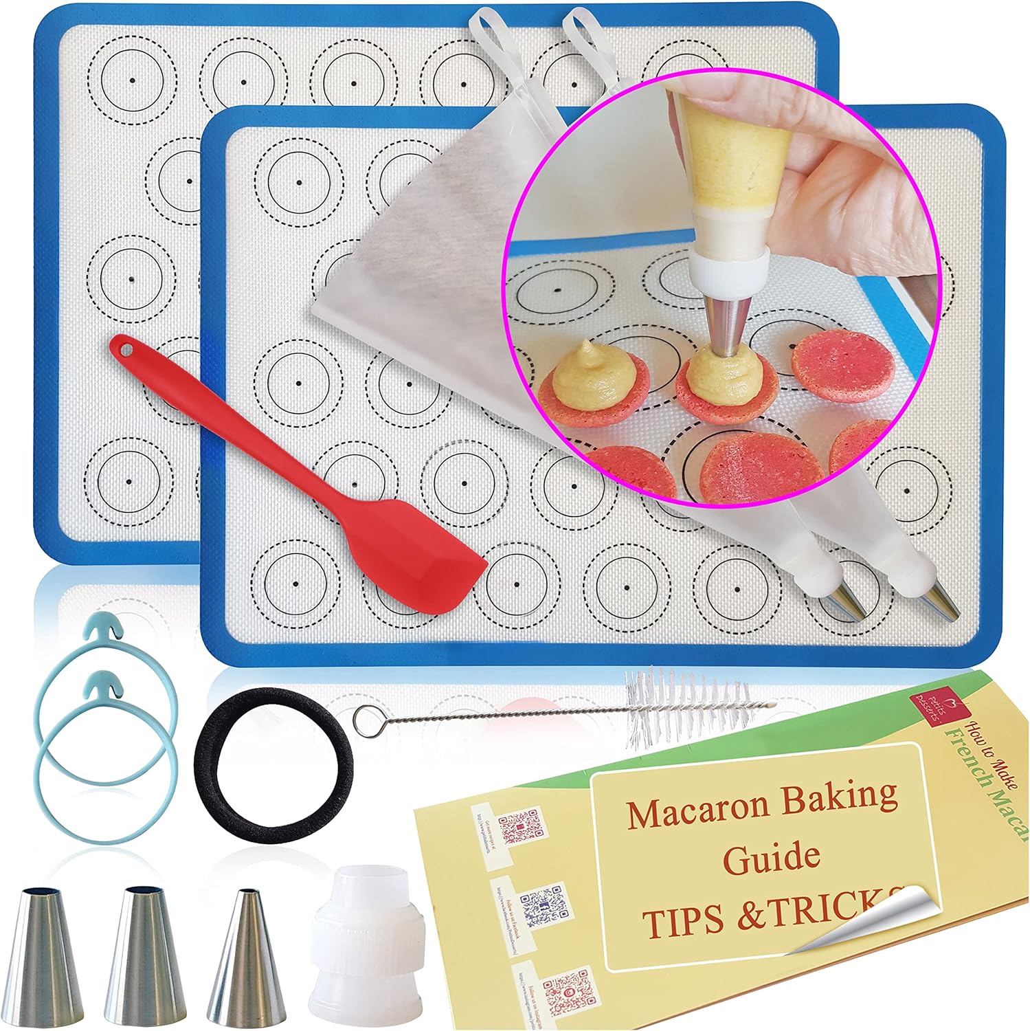 Macaron Silicone Baking Mats with BEGINNER GUIDE – Macaron Making Kit 15 pcs- NON-STICK Macaron Baking Mat – Macron Silicone Mat 16.5″ x 11.6″ Macaron Making Kit – Macaron Supplies BEGINNER BAKER KIT