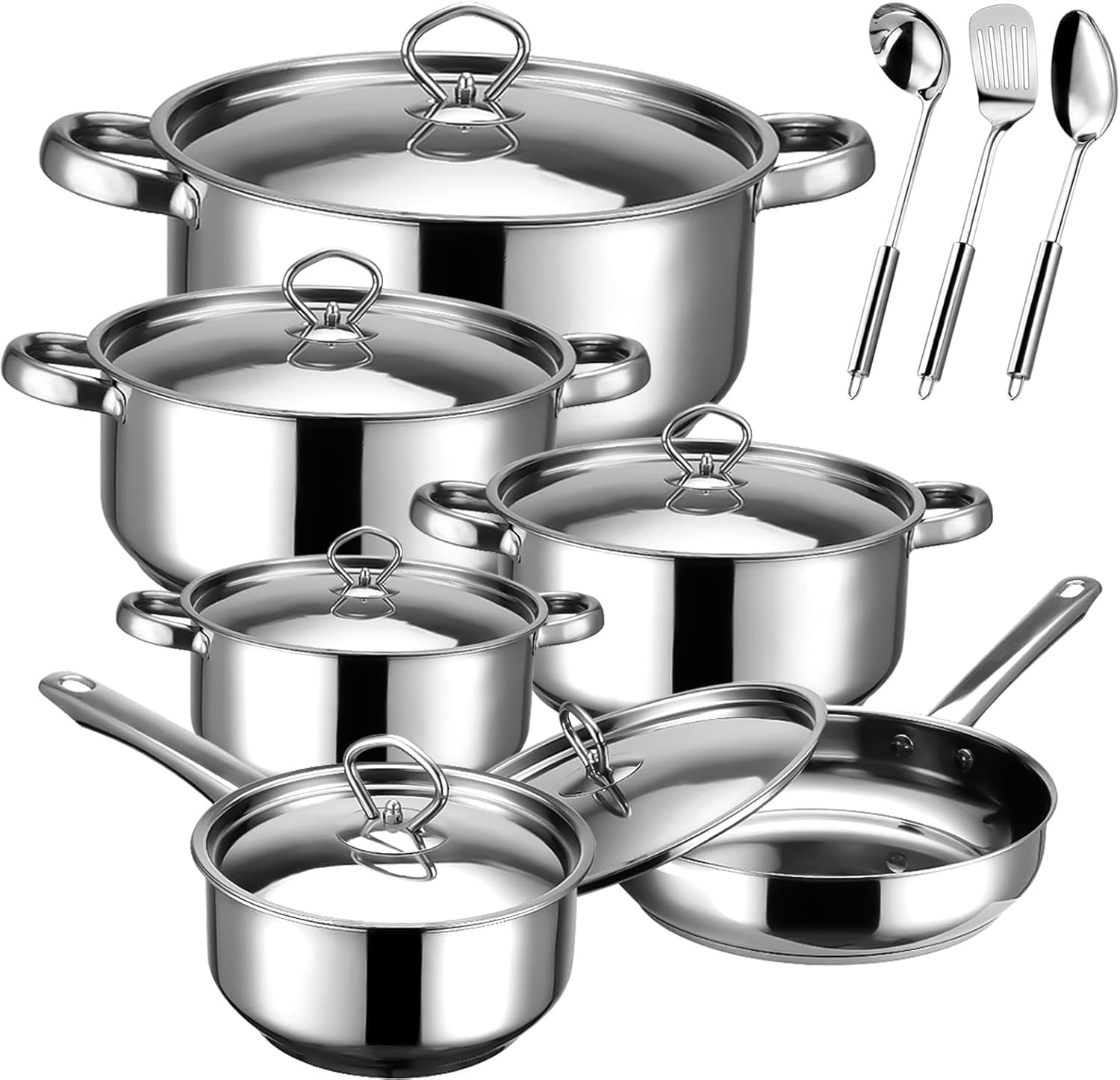 Hunnycook Stainless Steel Cookware Set – 15 Pieces Stainless Steel Pots and Pans Set, Includes 6 Pots and Pans, 6 Lids and 3 Utensils, Fixed Handles, Induction Safe and Dishwasher Safe
