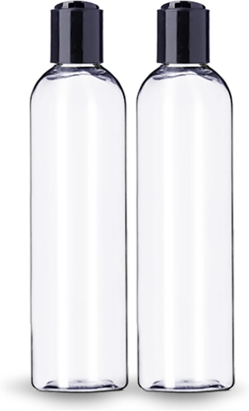 ljdeals 8 oz Clear Plastic Empty Bottles with Black Disc Top Caps, Refillable Containers for Shampoo, Lotions, Cream and More Pack of 2, BPA Free, Made in USA