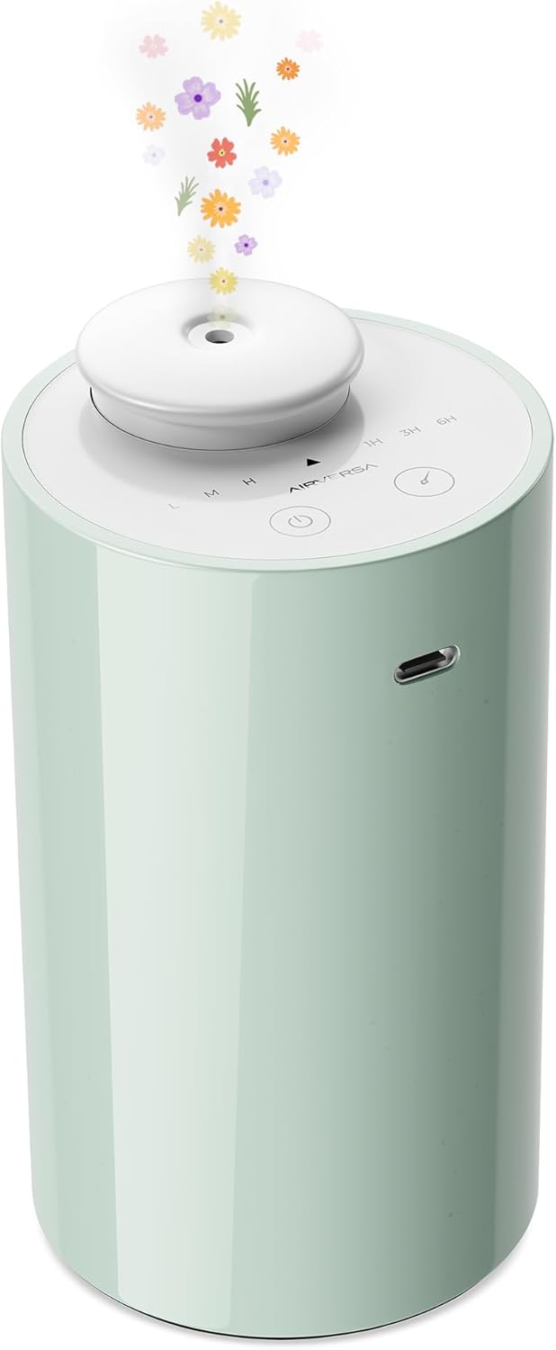 Airversa Waterless Diffuser for Essential Oil, Car Diffsuer, Battery Operated Nebulizer, 0.7 Fl Oz/ 20mL, Mini Scent Air Machine, 3 Timers & 3 Mist Levels for Home, Room, Car, Office – AN6 Green Lily