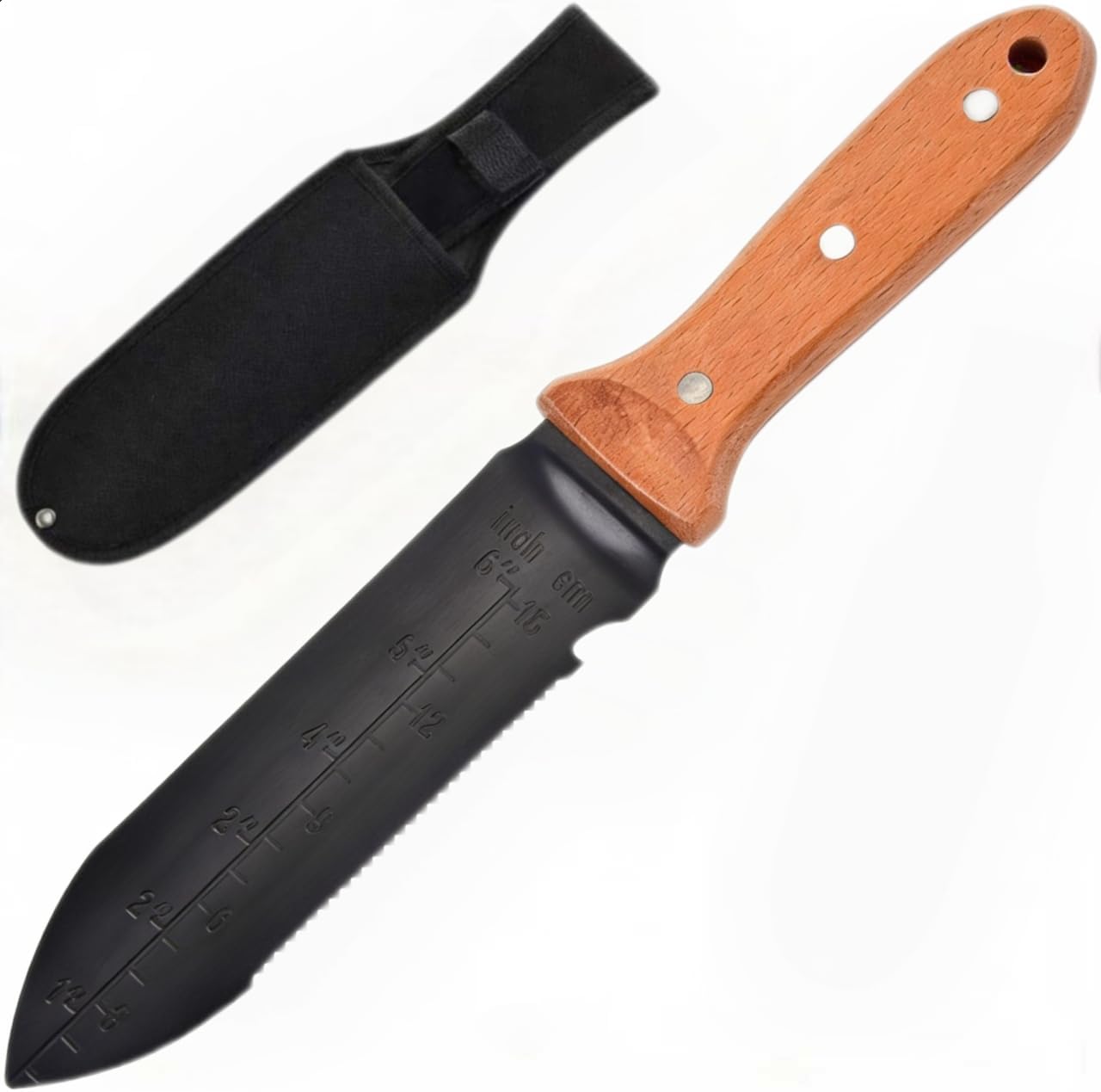 Hori Hori Garden Knife, 7″ Stainless Steel Blade Heavy Duty Gardening Tool, Full-Tang Wooden Handle with Hanging Hole & Oxford Sheath for Weeding Digging Planting Cutting