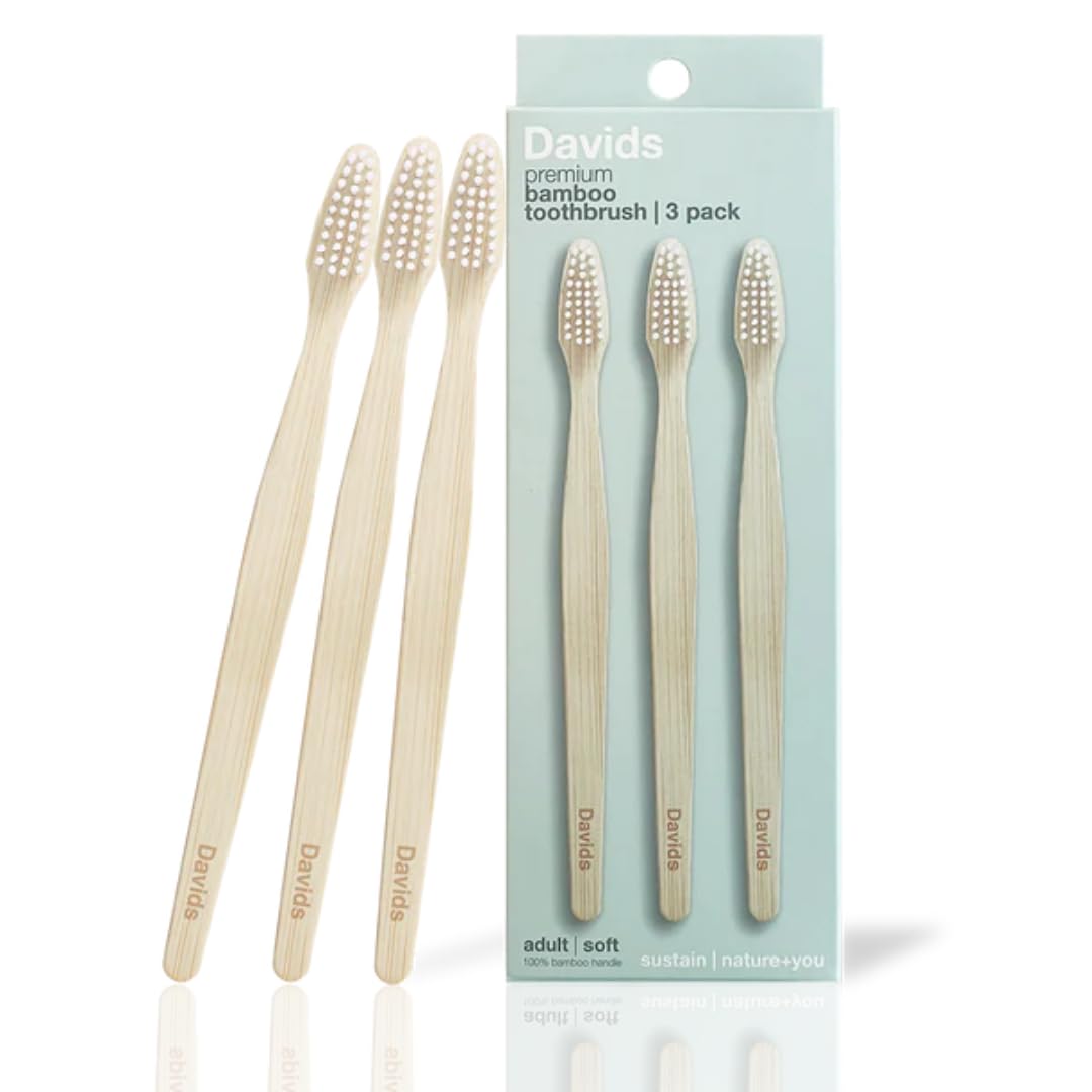 Davids Premium Bamboo Soft Bristle Toothbrush – 3 Pack | BPA Free, Eco-Friendly, Sustainable High Performance Bristles to Improve Oral Health Naturally | 100% Natural Bamboo Handle | Made in Germany