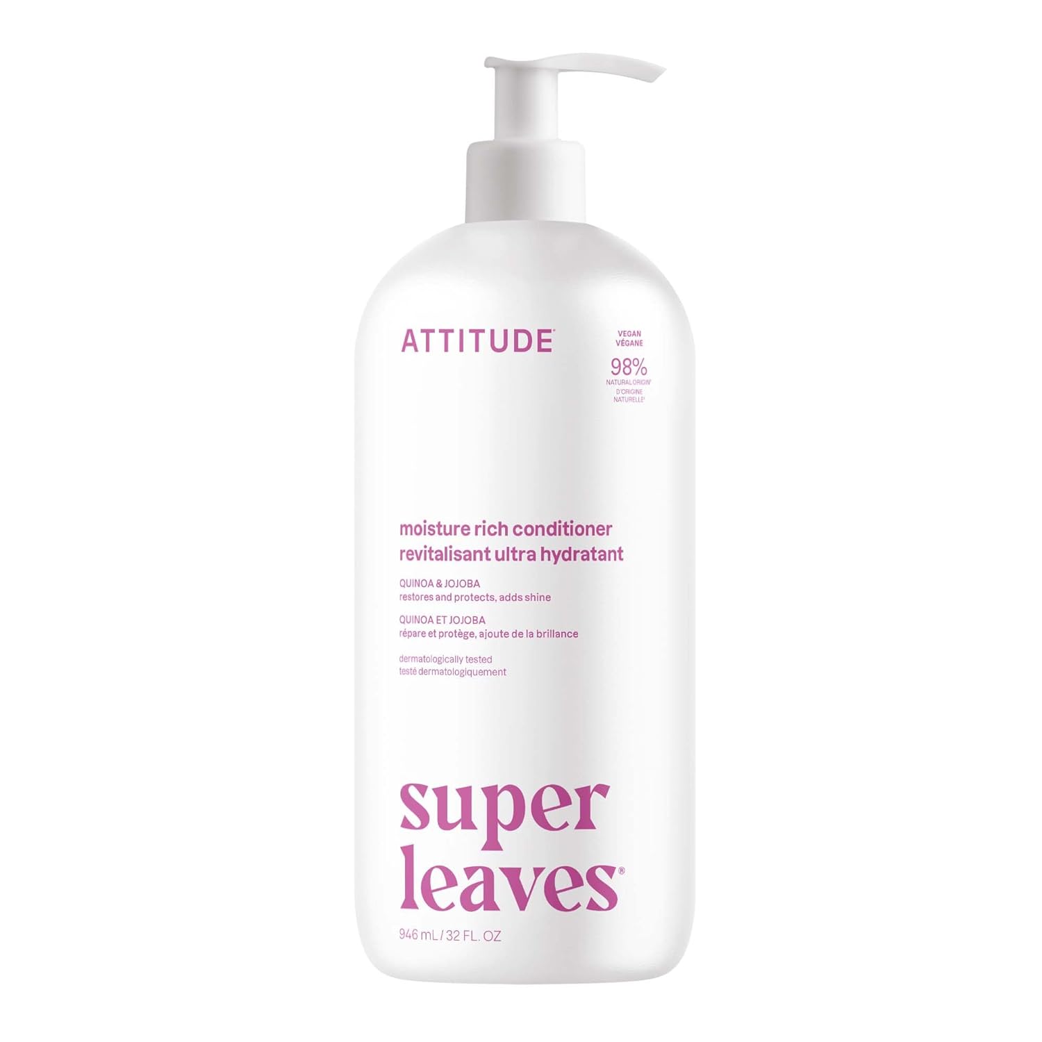 ATTITUDE Moisture Rich Hair Conditioner, For Dry and Damaged Hair, Naturally Derived Ingredients, Vegan Detangler, Dermatologiocally Tested, Quinoa and Jojoba, 32 Fl Oz