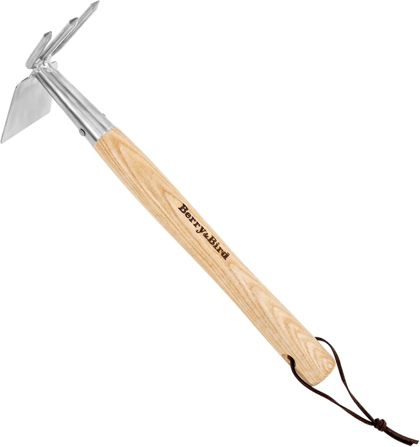Berry&Bird 2IN1 Hand Tools Hoe and Cultivator, Stainless Steel Garden Hand Tiller and Pickaxes with Wooden Handle, 14”Weeding Hoes for Digging, Loosening Soil, Cultivating, Planting and Farming Tool