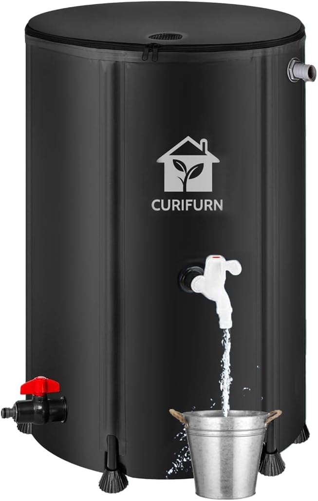 100 Gallon Rain Water Barrel, Portable Rainwater Collect System Water Storage Tank Collapsible Rain Barrel with Filter, Spigot & Overflow Kit (Reinforced Liner+Thickened Legs) – Black