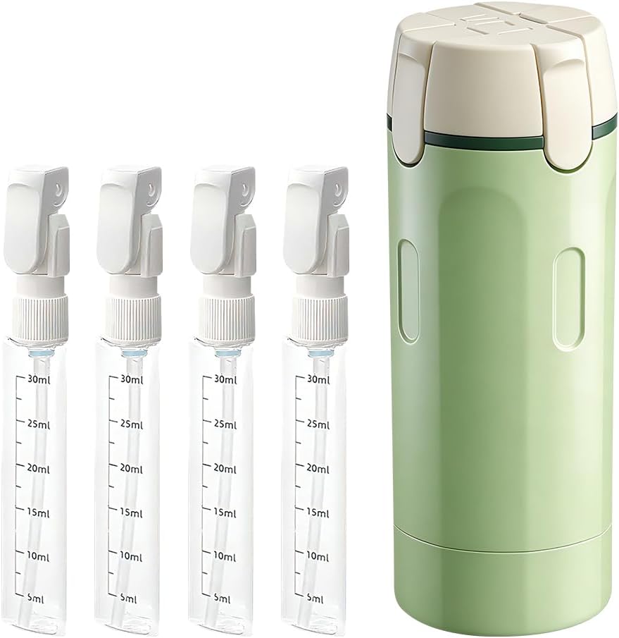 4-in-1 Travel Dispenser Bottle Refillable, 2026 New 4 Pack 30ML Travel Bottles for Toiletries, Leak Proof Travel Size Containers, Shampoo and Conditioner Bottles (Green+White) (Green)