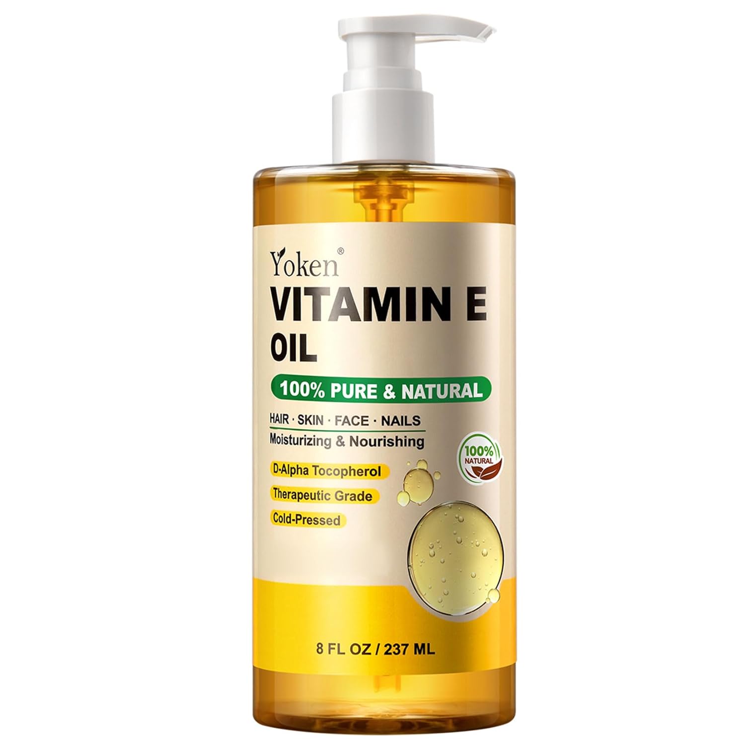 Yoken Vitamin E Oil 8 Oz Vitamin E oil for Skin Vitamine oils for Face Perfect Bath and Body Oil Cold Pressed Hexane Free Non-GMO Gluten Free Formula