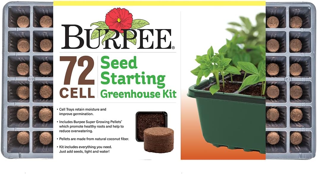 Burpee Greenhouse Indoor Starting Herbs, Flowers and Vegetables | Includes Dome, Watering, Seed Starter Tray, Coir Pellets | 10″ W x 20″ L x 5″ H, One Size, 1 Kit (72 Cells)