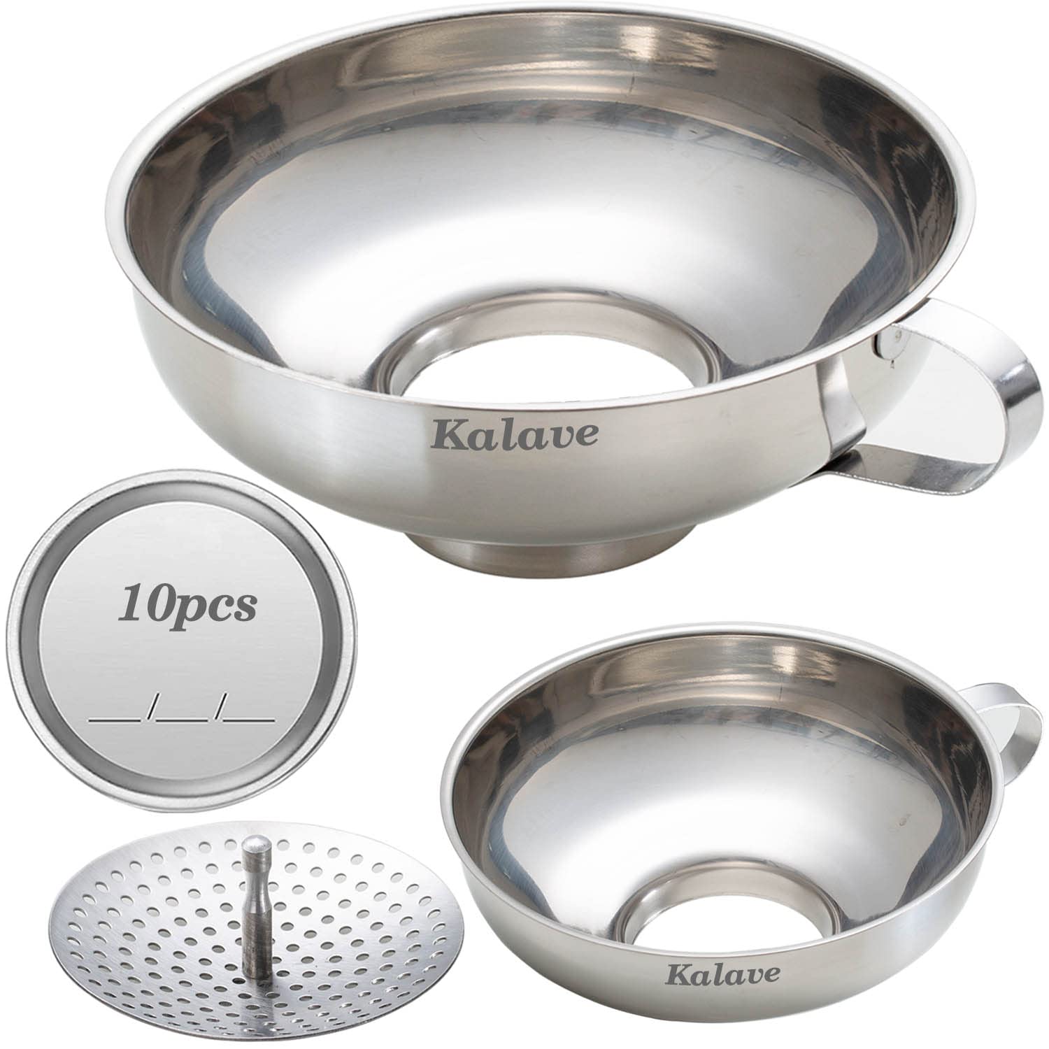 Kalave Canning Funnel, Food Grade Stainless Steel Canning Funnels with Strainer, Wide Mouth Funnels for Kitchen Use, Canning Supplies Kit for Wide and Regular Mason Jars – 3 Pack (Small and Large)